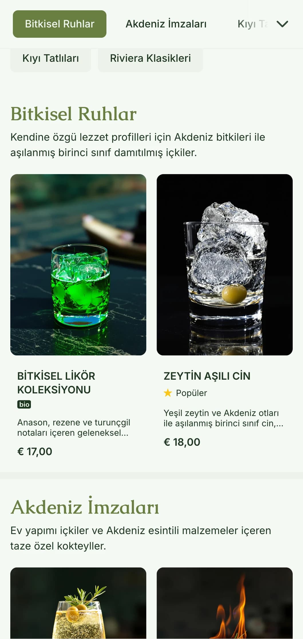 Zeytin yeşili tonları içeren bitkisel likörler ve botanik kokteyller konusunda uzmanlaşmış barlar için Akdeniz esintili bir tasarım.