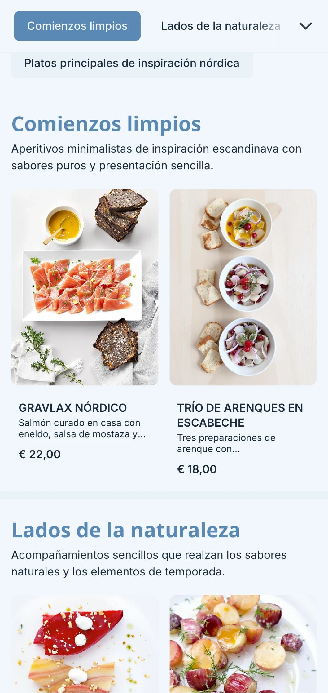 Catering limpio de inspiración escandinava con diseño minimalista, elementos fermentados y presentación inspirada en la naturaleza para eventos modernos.