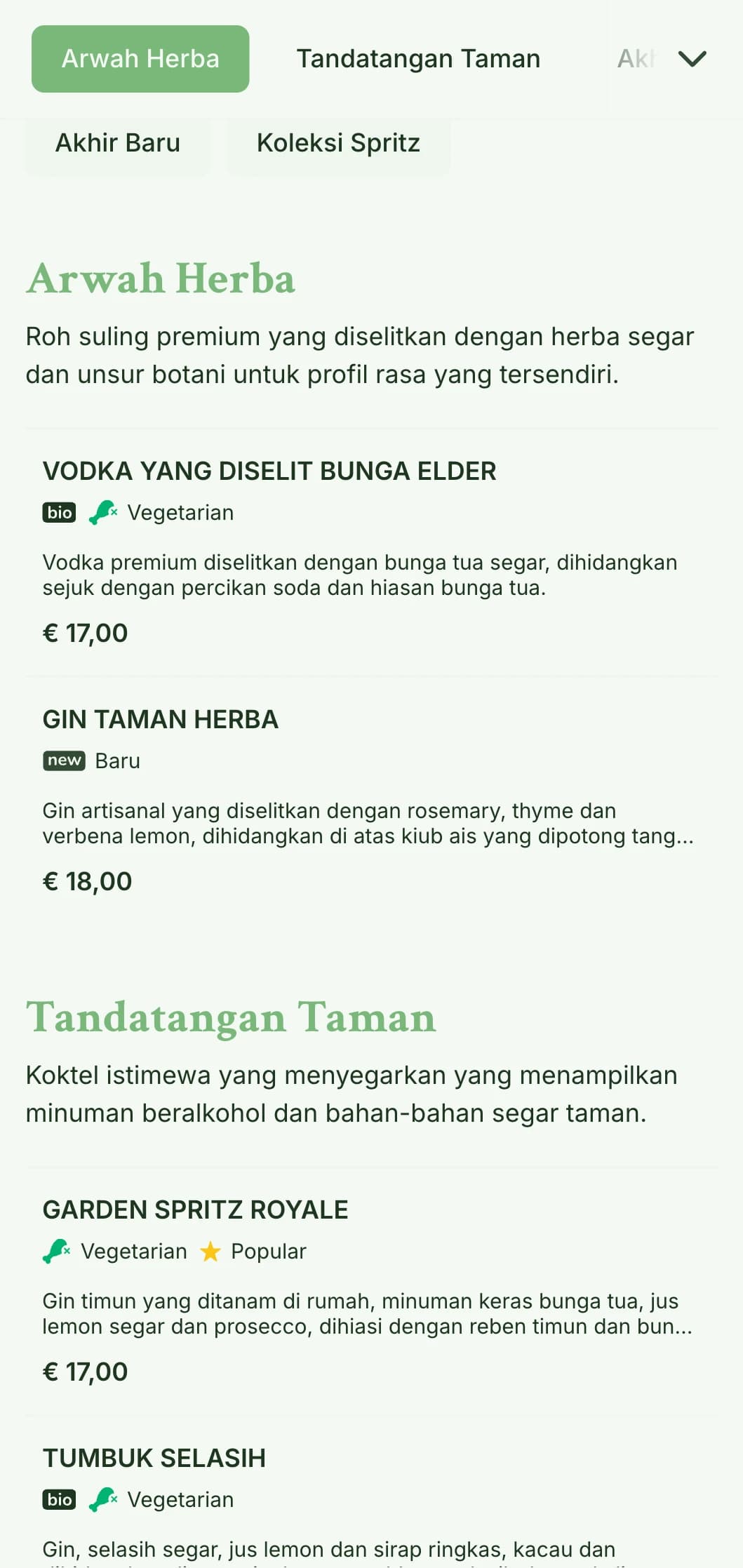 Reka bentuk segar yang diilhamkan oleh taman untuk bar yang mengkhususkan diri dalam penyembur dan koktel botani segar yang menampilkan tipografi ringan dan lapang.