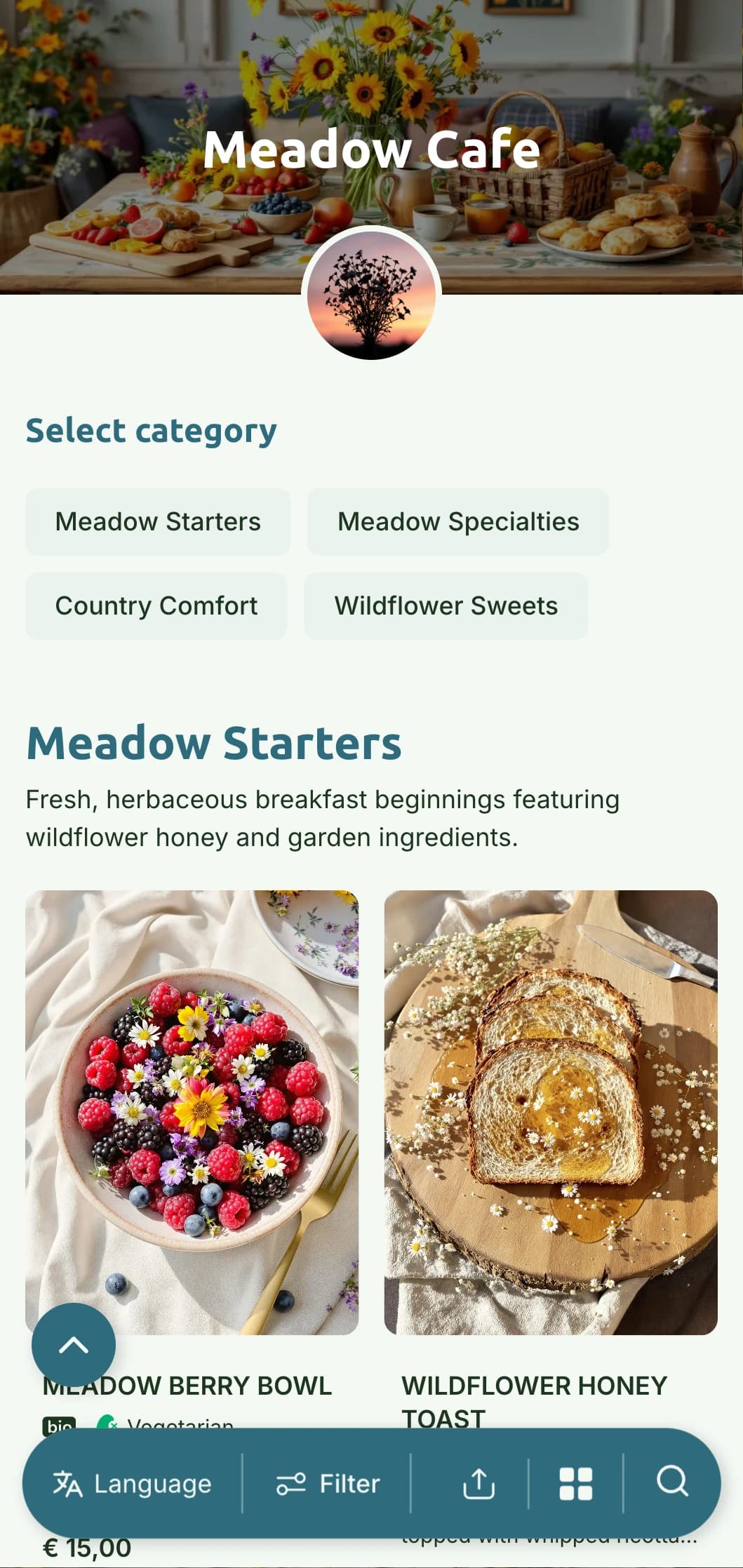 Fresh, wholesome breakfast options inspired by meadow flowers and herbs in a bright, natural presentation.