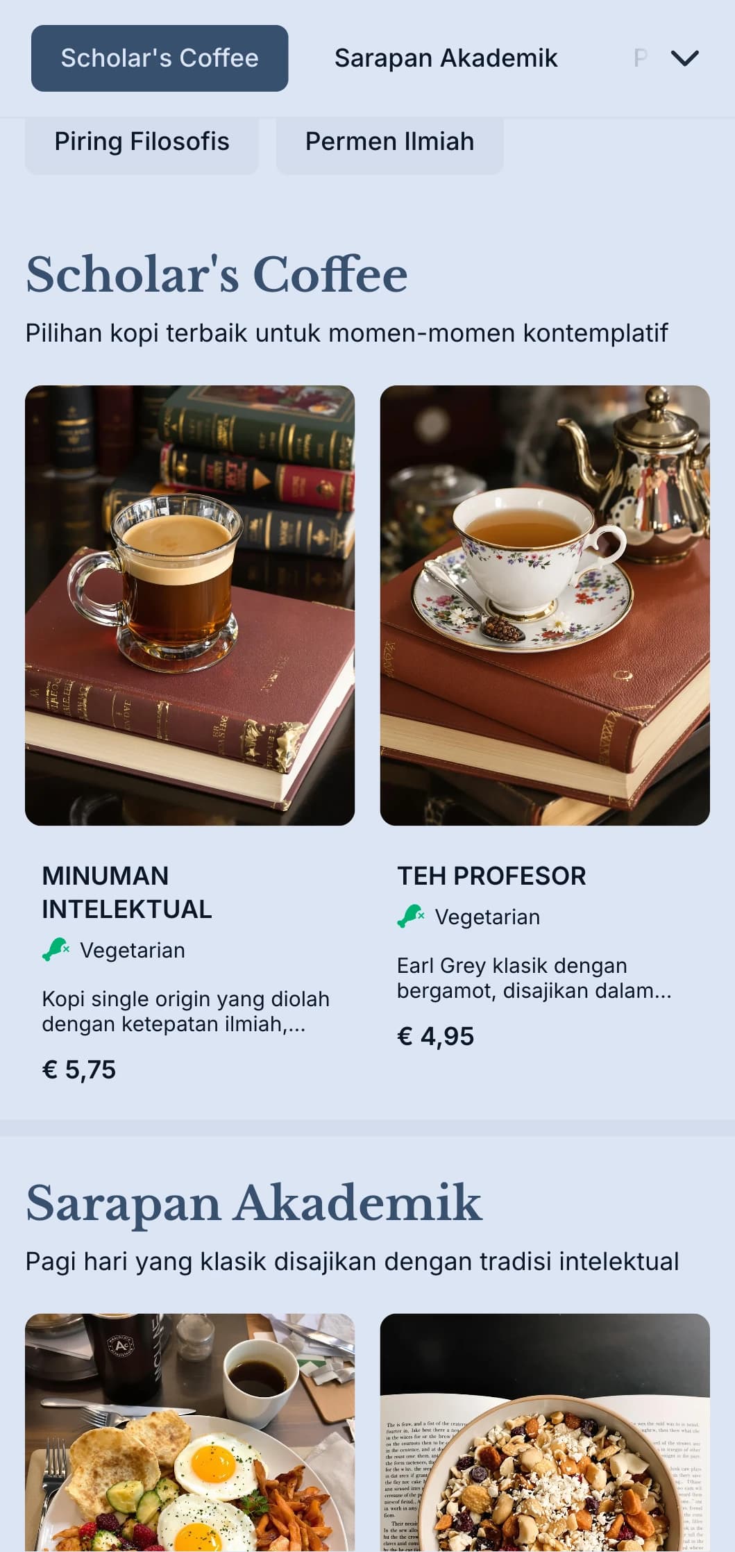 Desain biru tua yang canggih dengan elemen akademis untuk kedai kopi yang berdekatan dengan universitas.
