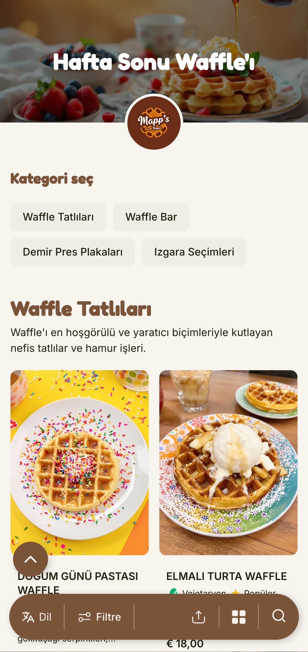 Aile dostu kafeler için ideal olan waffle ve tatlı kahvaltı sunumlarına odaklanan sıcak, eğlenceli brunch şablonu.