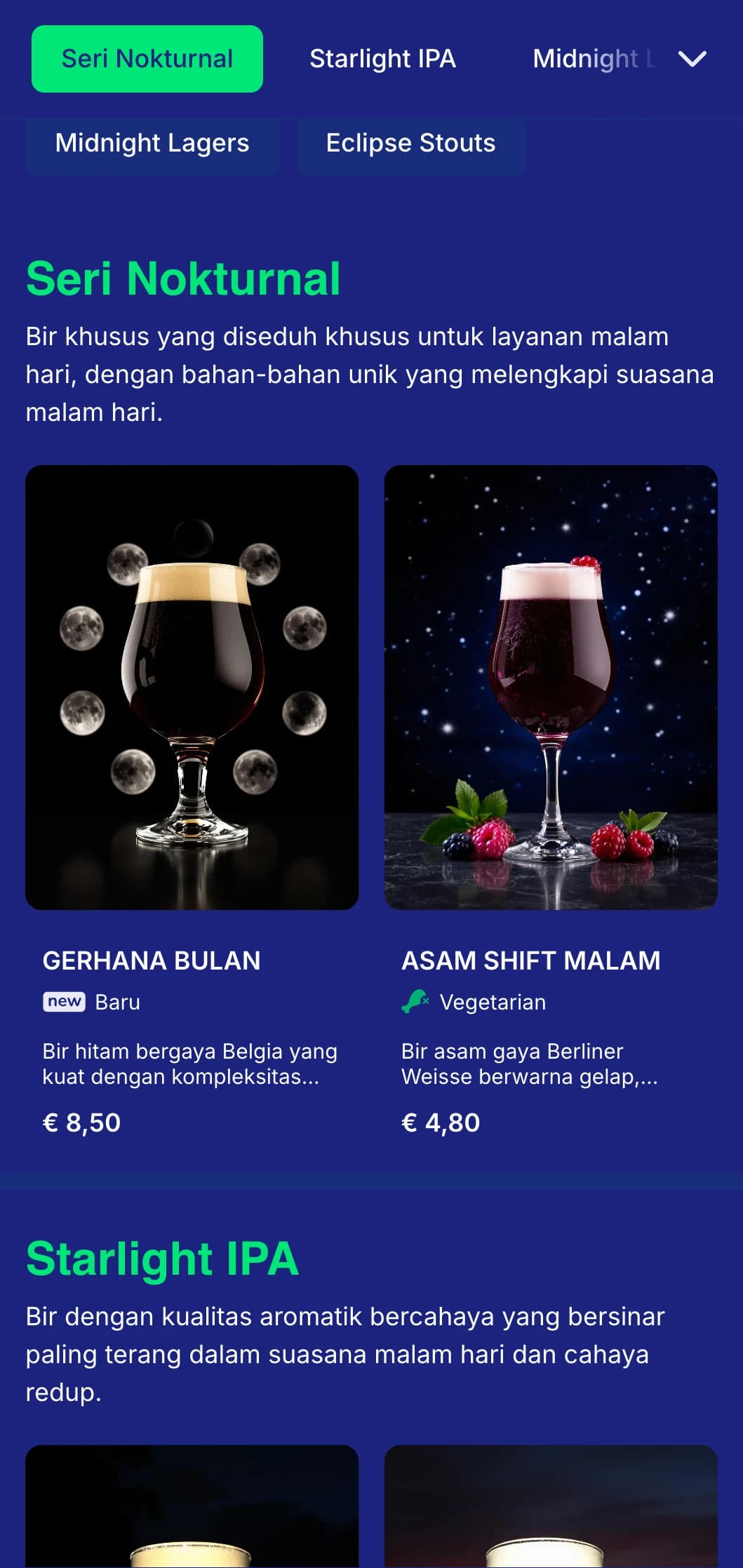 Desain gelap dan misterius dengan warna biru tengah malam dan elemen bulan, ideal untuk tempat yang berfokus pada malam hari dan kilang bir malam.