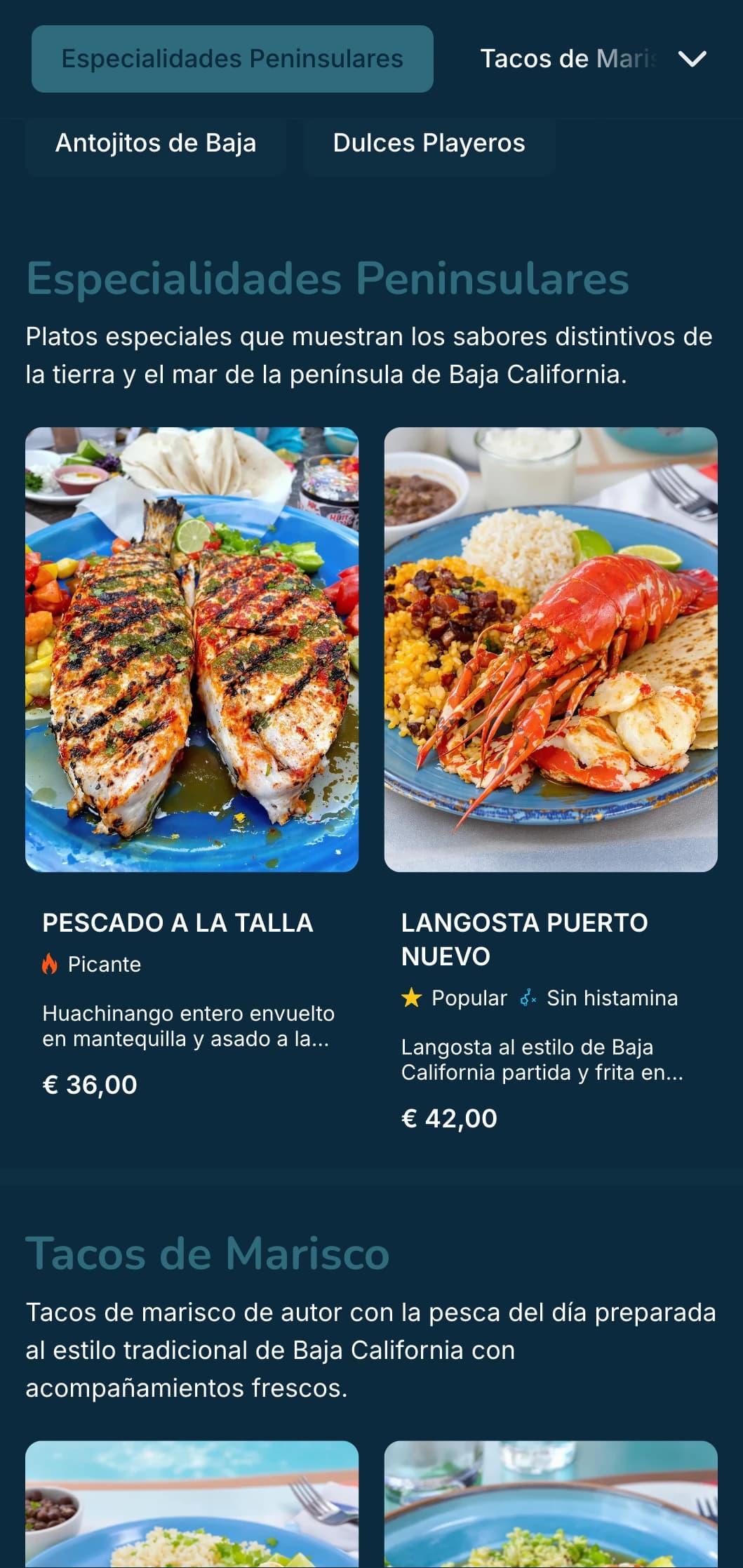 Menú ligero y refrescante inspirado en Baja California, con tacos de marisco, ingredientes frescos y detalles en azul marino con un moderno ambiente playero.