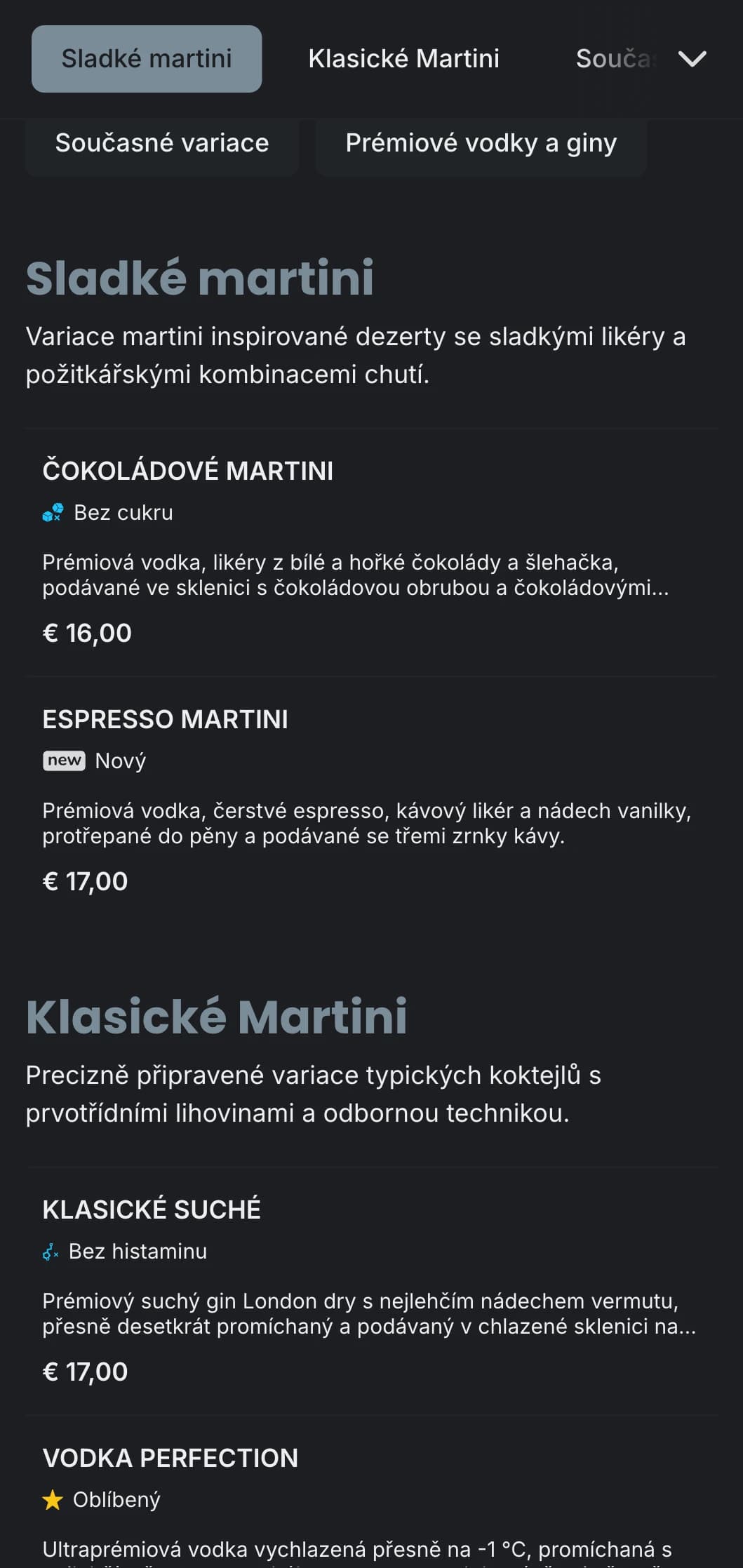 Sofistikovaný městský design menu pro martini bary a salonky s elegantní typografií a chladnými šedými tóny.