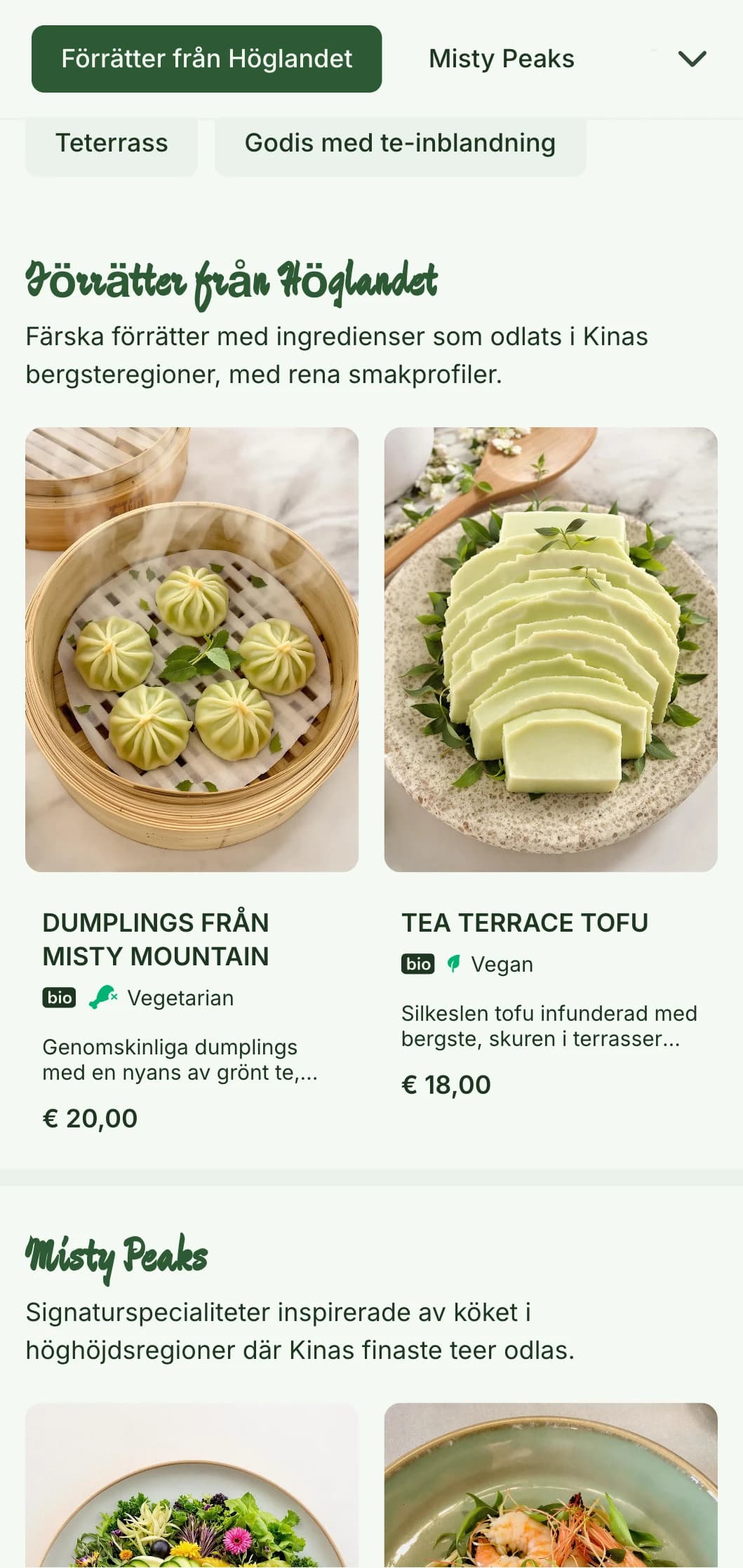 Lugn kinesisk menydesign inspirerad av teplantager i bergen, med nya inslag för teinfuserad mat.