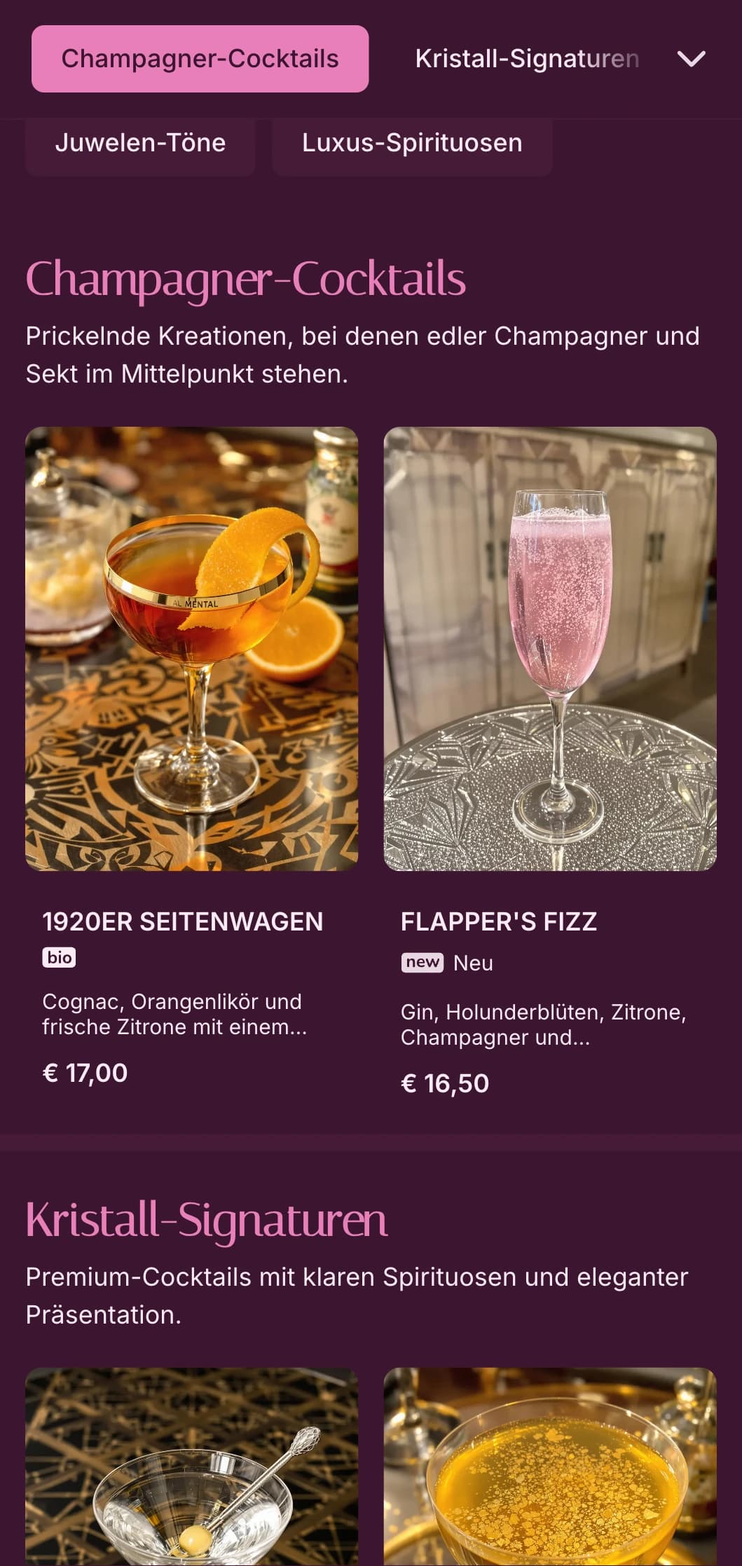 Raffiniertes, von Pink und Kristall inspiriertes Design für gehobene Cocktails.
