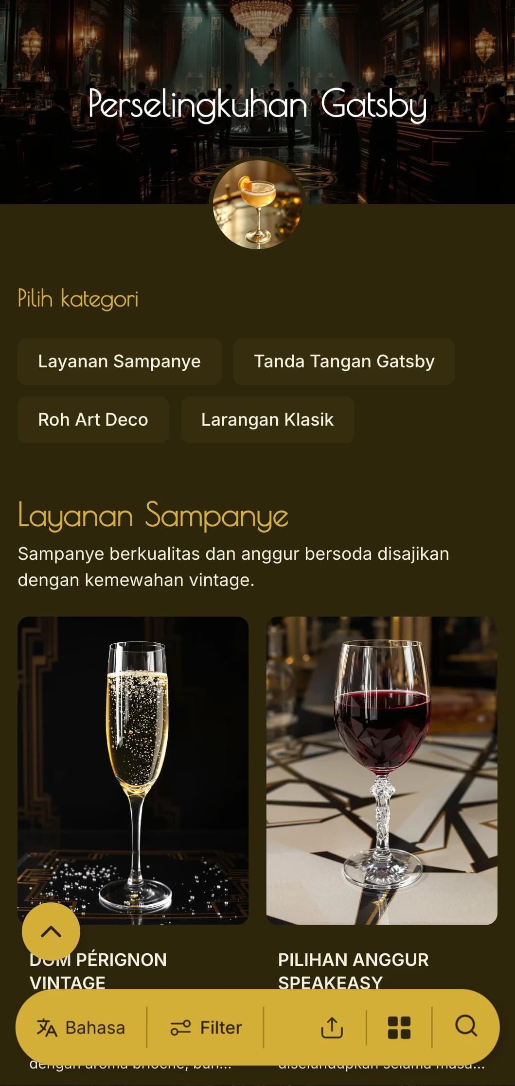 Desain emas dan hitam yang glamor dengan pola otentik tahun 1920-an untuk lounge kelas atas.