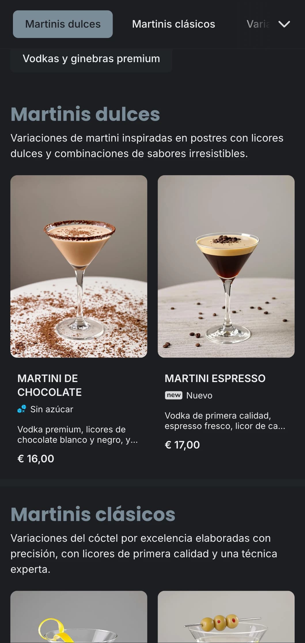 Un diseño de menú sofisticado y urbano para bares de martinis y salones con una tipografía elegante y tonos grises fríos.