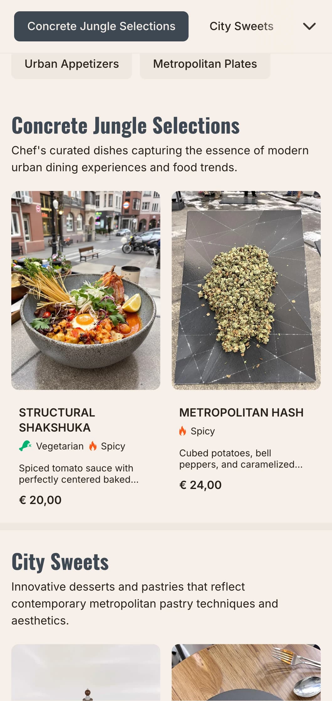 Bold, urban brunch template with architectural influences, perfect for city center cafés and modern eateries.