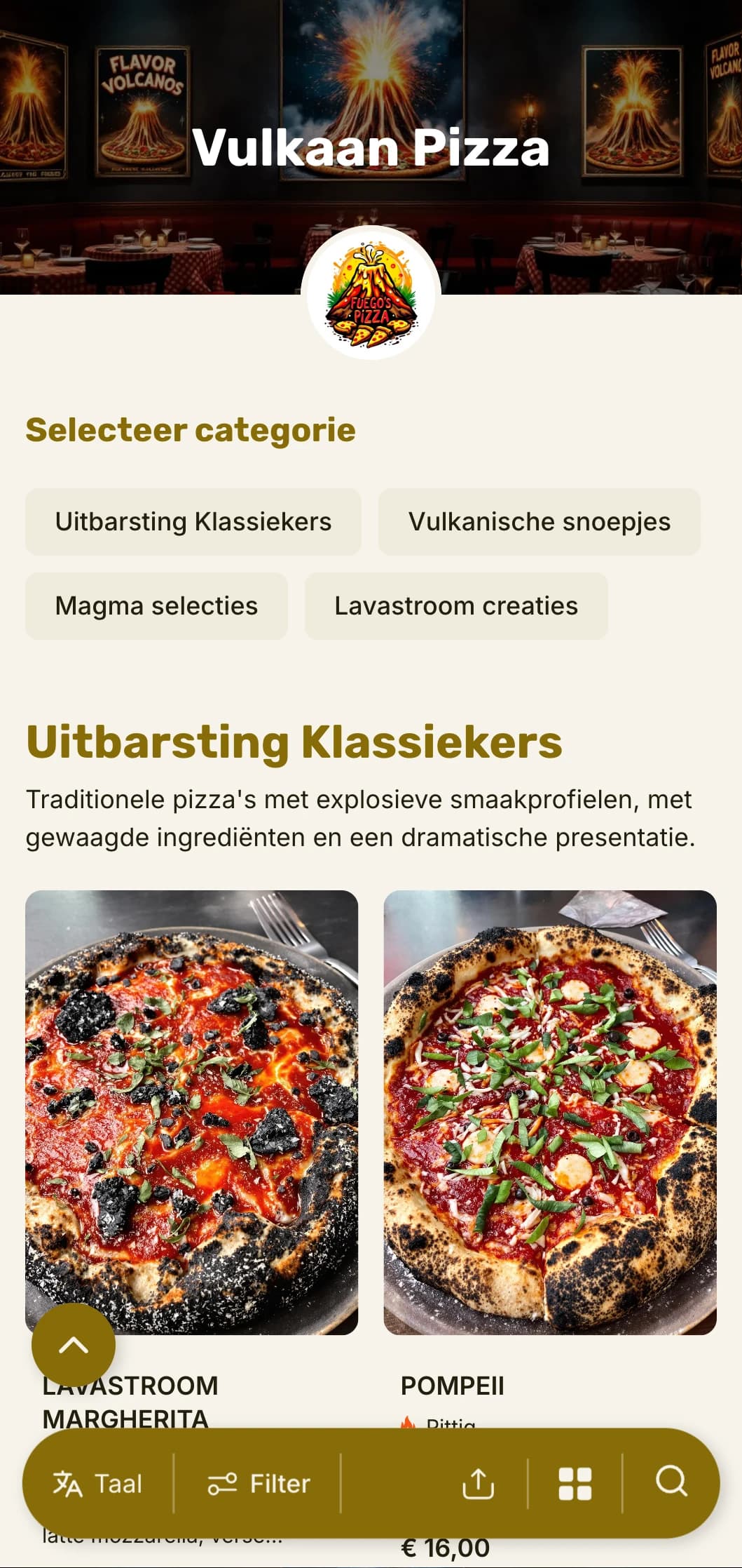 Gedurfd, opvallend pizzakaart met dramatische visuele hiërarchie voor avontuurlijke pizzeria's.