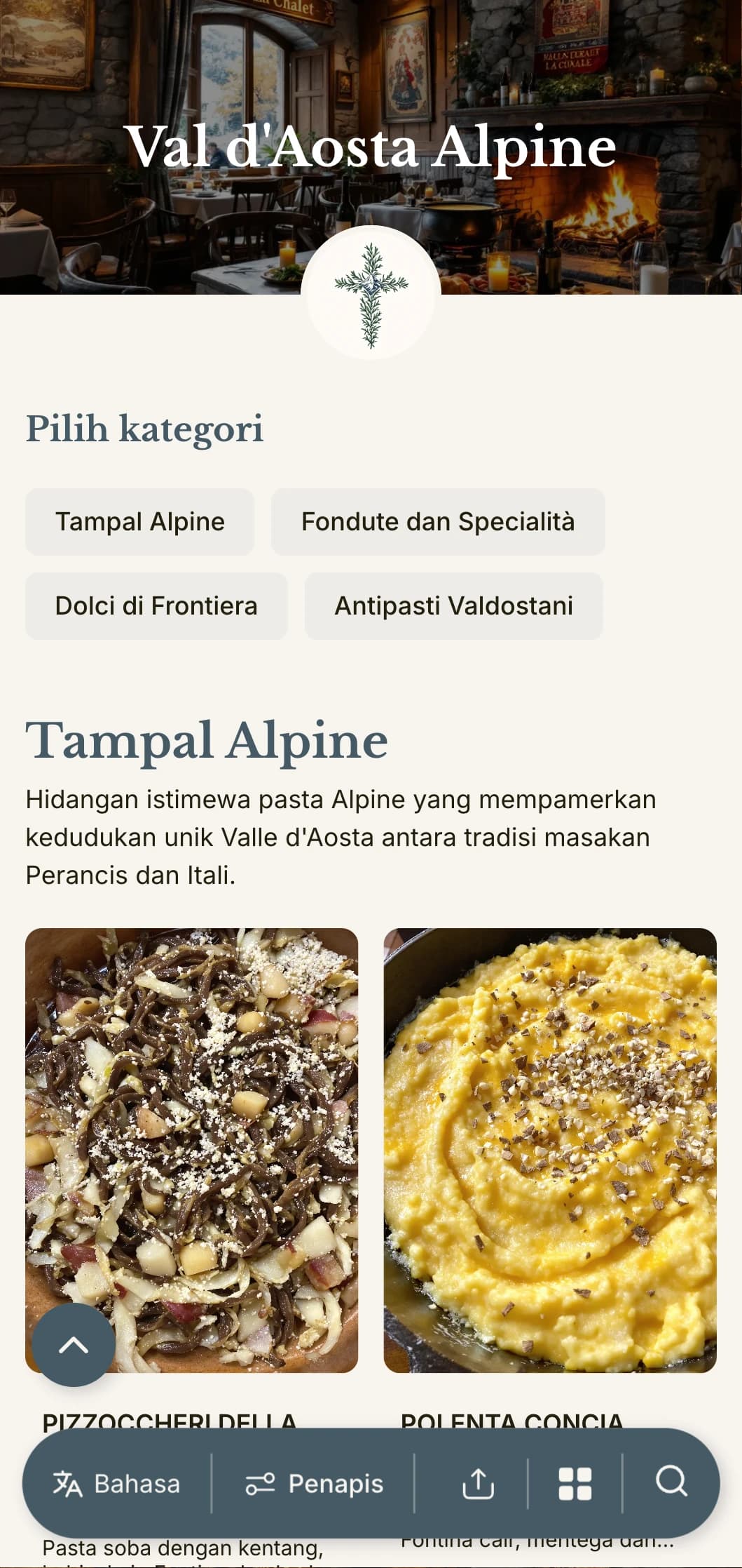 Reka bentuk berinspirasikan gunung yang meraikan masakan gabungan Perancis-Itali di kawasan alpine terkecil di Itali.