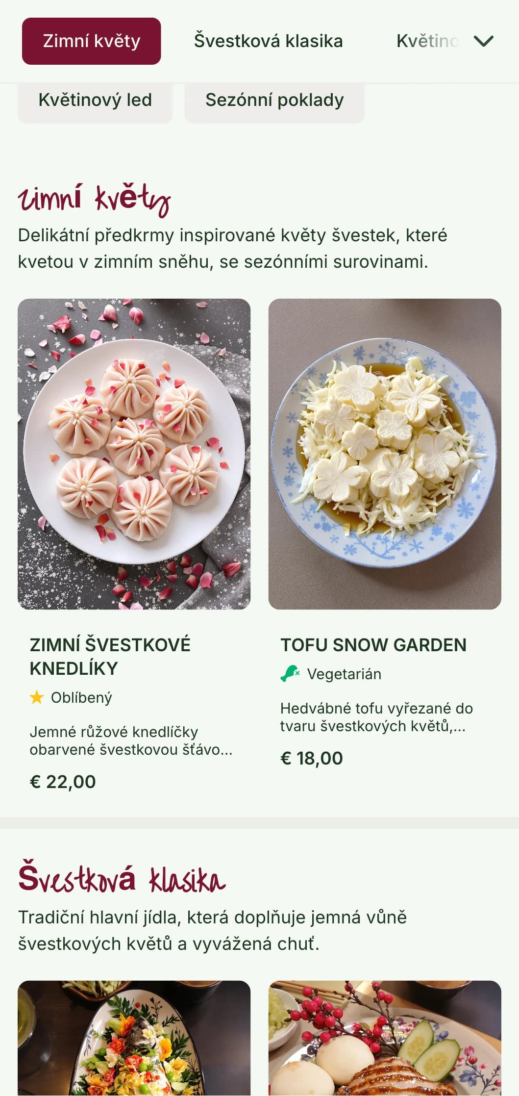 Svěží design čínského menu inspirovaný švestkovými květy s jemnými vzory pro sezónní zimní a jarní kuchyni.
