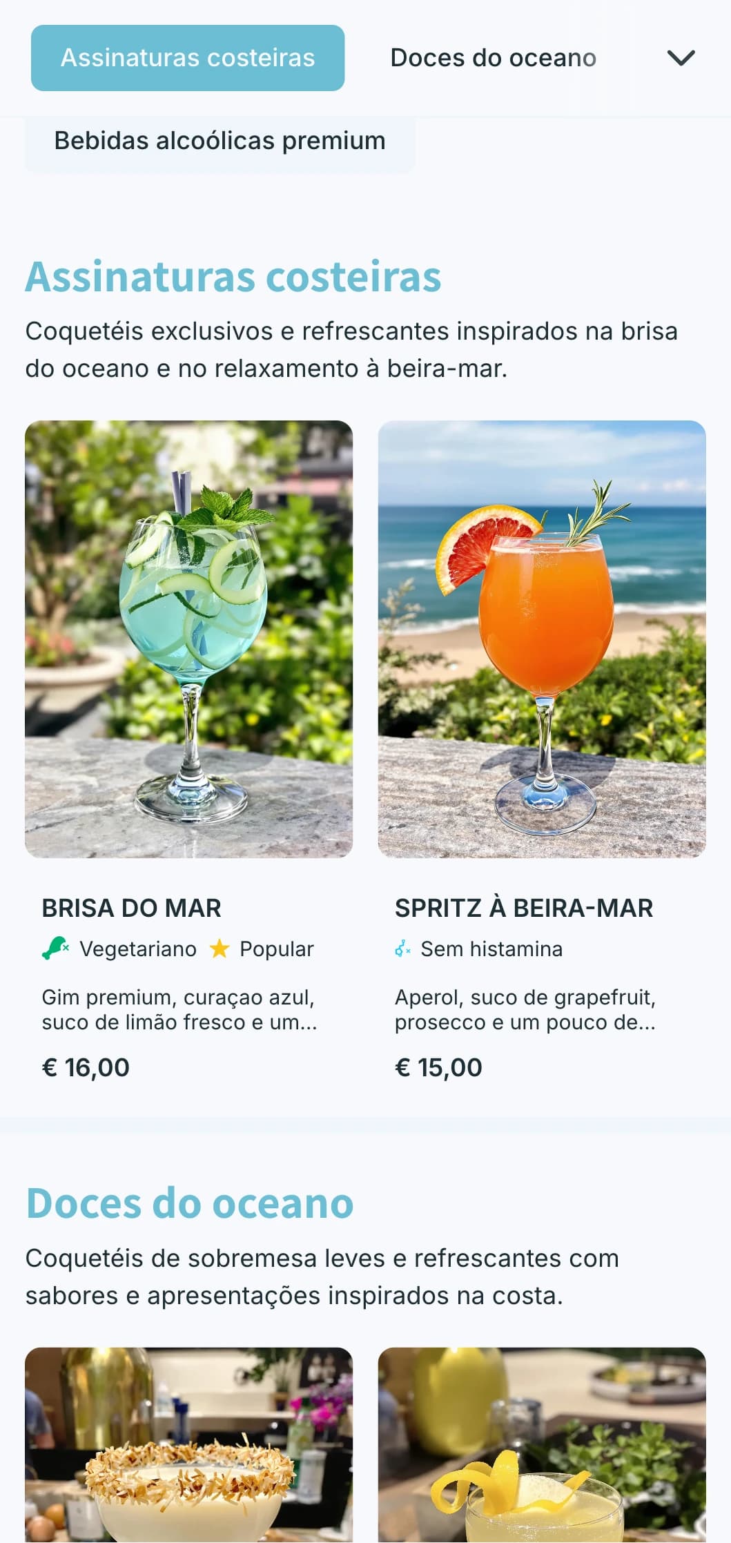 Um design fresco e de inspiração litorânea para bares e clubes de praia à beira-mar, com tons de azul claro e tipografia arejada.