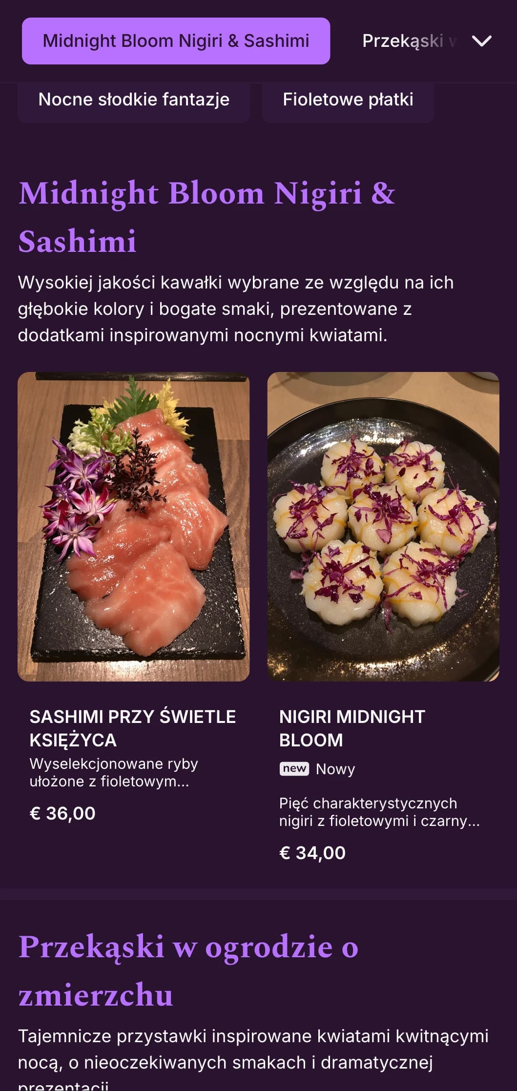 Luksusowe wieczorne sushi z głębokimi fioletowymi akcentami i efektownymi elementami kwiatowymi.