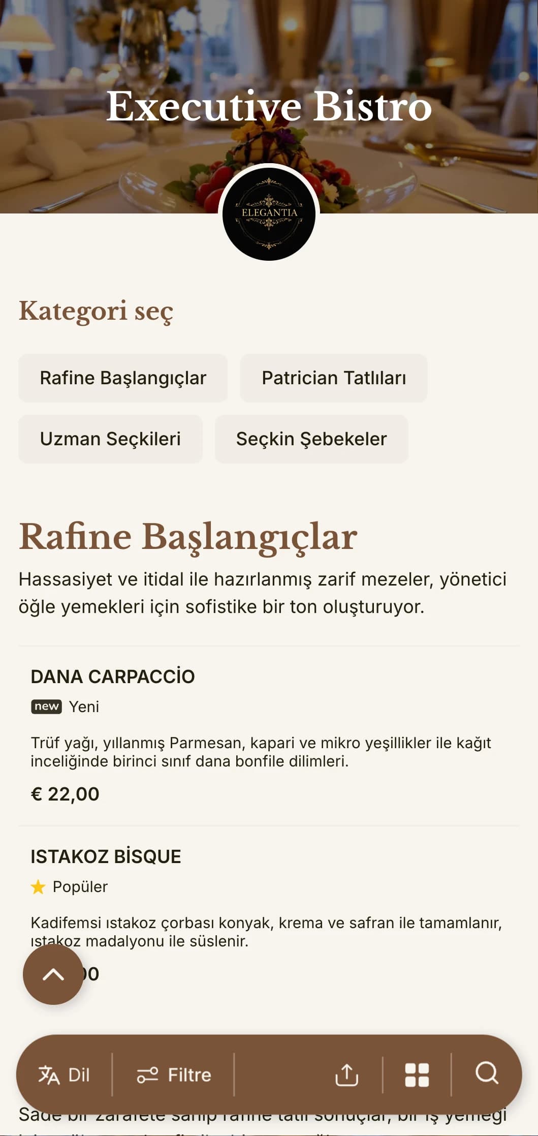 İş profesyonellerine hizmet veren lüks otel restoranları ve yönetici yemek odaları için tasarlanmış, zarif tipografi ve zarif aralıklara sahip sofistike öğle yemeği menüsü tasarımı.