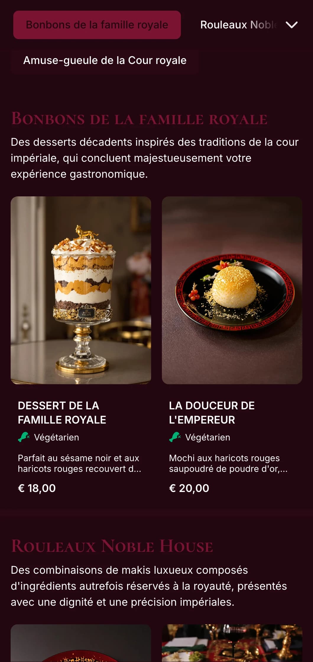 Menu luxueux de sushis traditionnels aux accents rouge impérial et or pour des expériences gastronomiques de premier ordre.