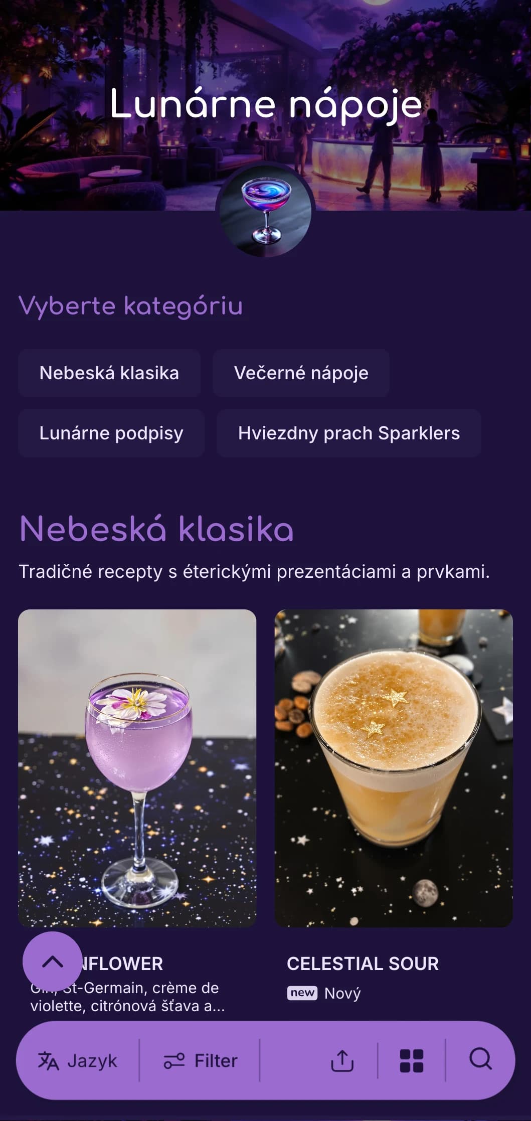 Zasnený fialový dizajn s fázami mesiaca pre koktailové bary s nočnou tematikou.