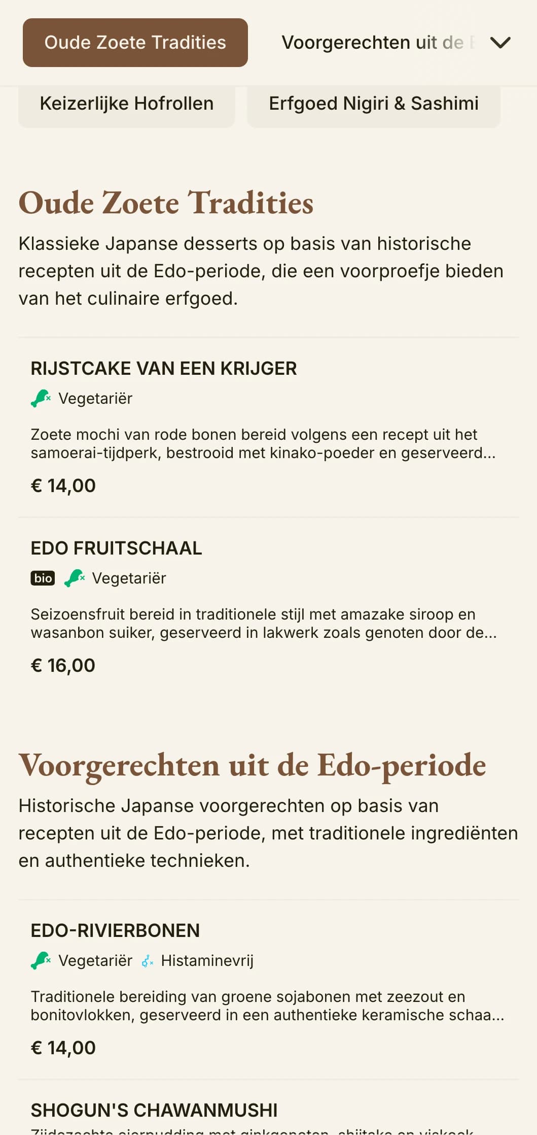 Historisch Japans geïnspireerd sushi-menu met traditionele esthetiek uit de Edo-periode en klassieke typografie.