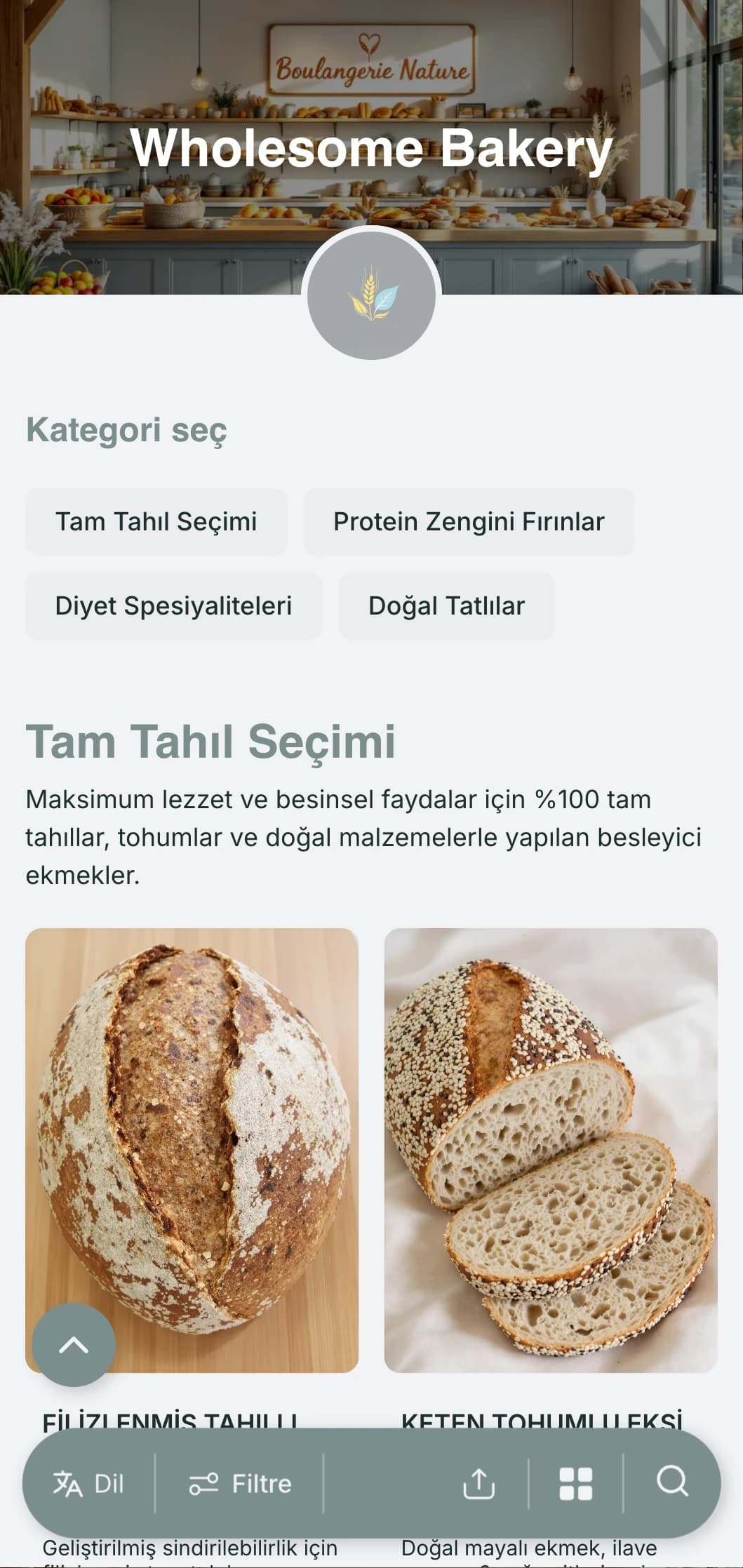 Sağlıklı içeriklere ve diyet seçeneklerine odaklanan fırınlar için mükemmel olan, doğal mavi-gri tonlara ve temiz tipografiye sahip, sağlık bilincine sahip bir fırın menüsü tasarımı.