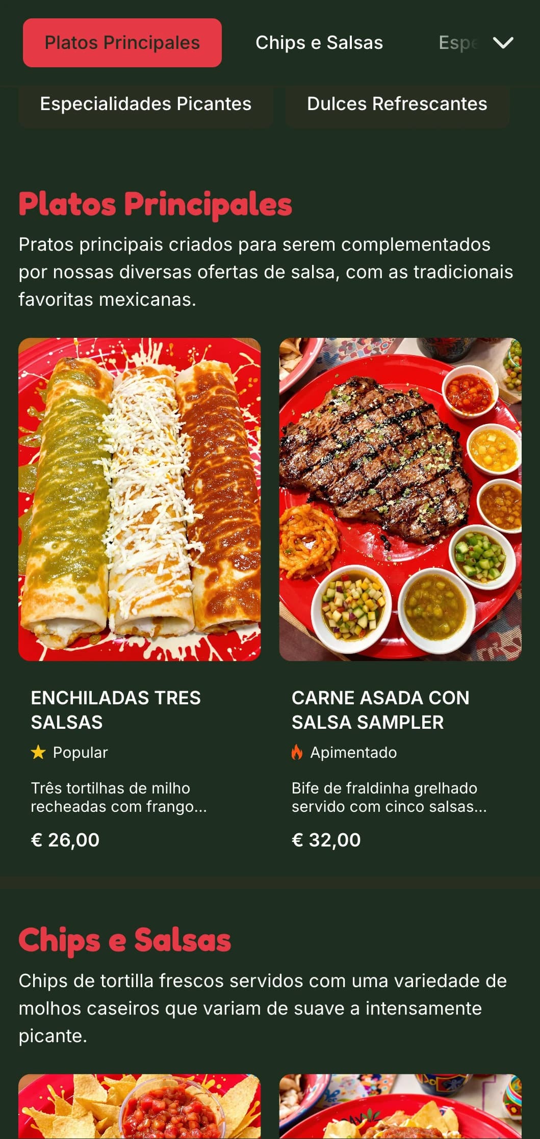 Cardápio vibrante e personalizável focado em diversos molhos mexicanos com toques de vermelho vivo, níveis de tempero e pratos complementares.