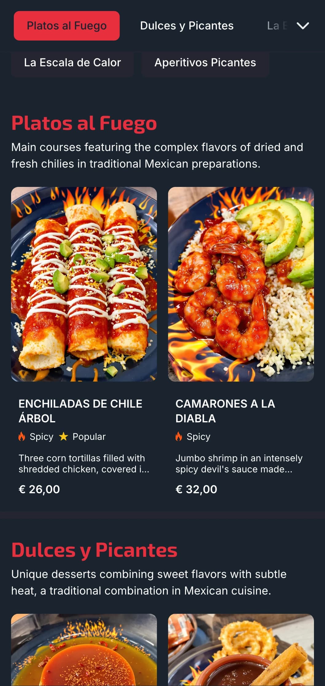 Bold and spicy menu featuring vibrant red chili accents, heat-focused dishes, and specialty salsas for adventurous diners.
