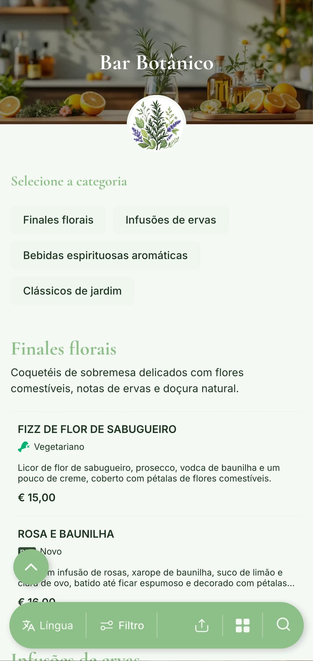 Um design de cardápio fresco e inspirado em jardins para bares especializados em coquetéis botânicos e com infusão de ervas.
