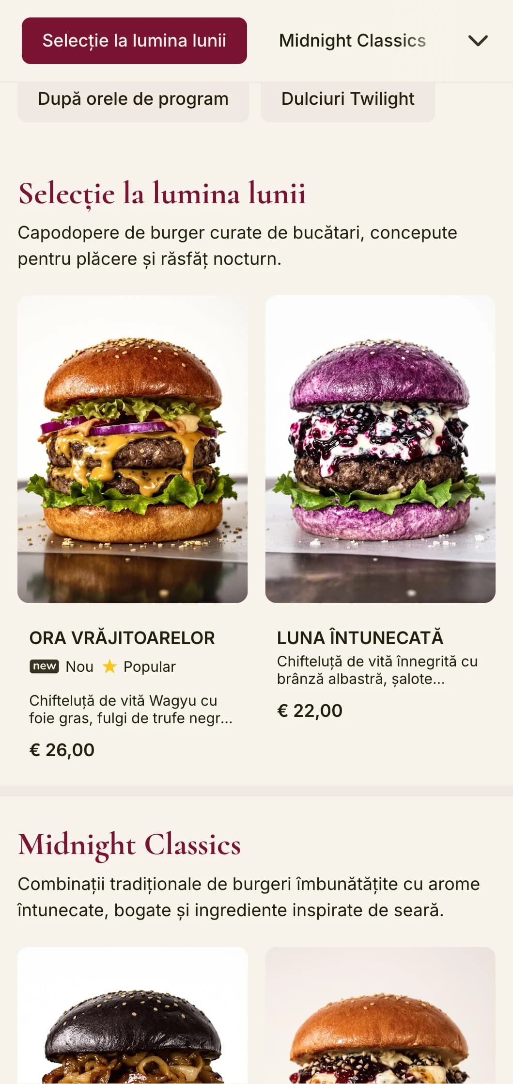 Lounge cu burger premium nocturn, cu catifea întunecată și atmosferă misterioasă.