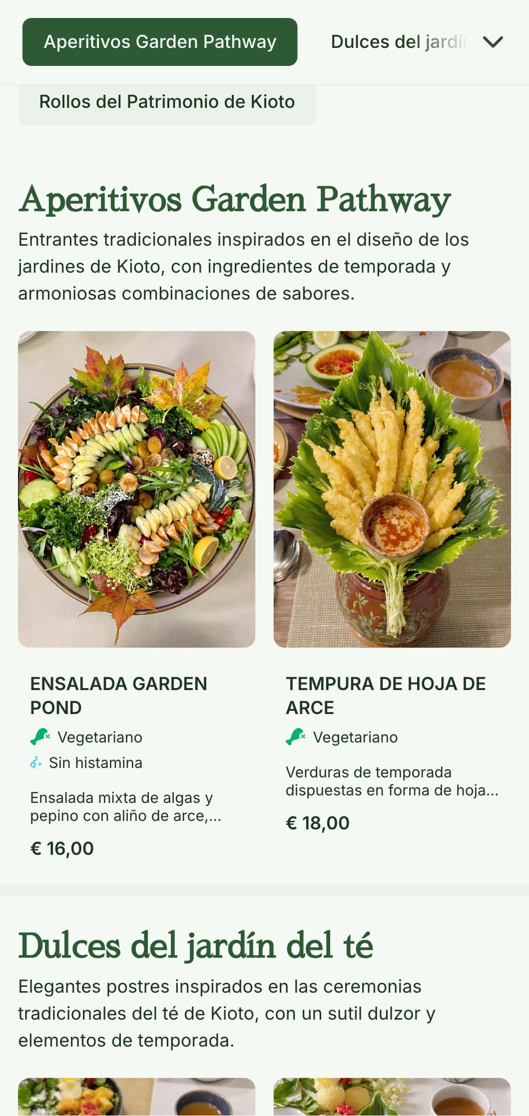 Menú de sushi tradicional japonés inspirado en los jardines, con serenos tonos verdes y elementos clásicos.