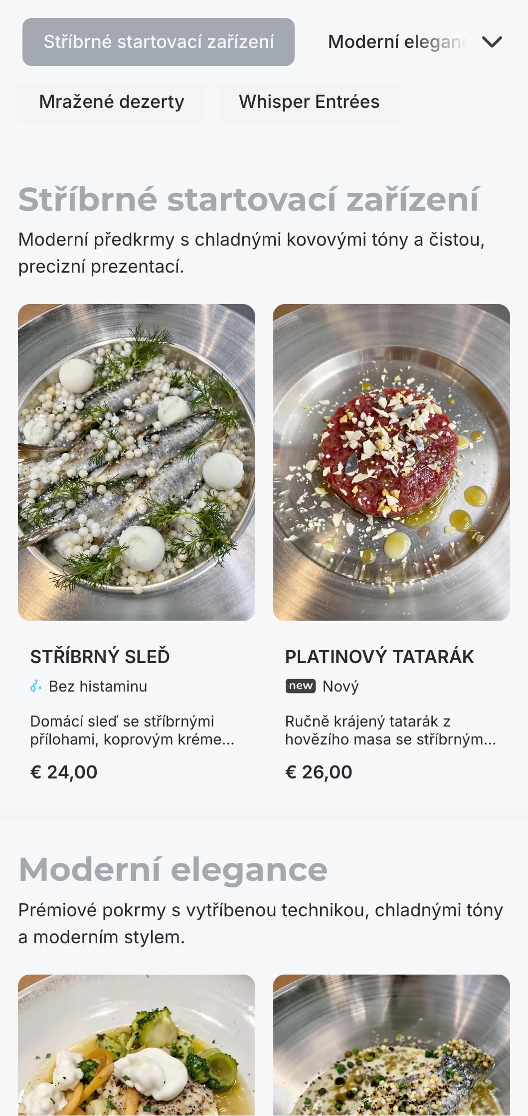Sofistikovaný moderní koncept s chladnými stříbrnými tóny a jemnými luxusními prvky pro nenápadný elegantní zážitek.