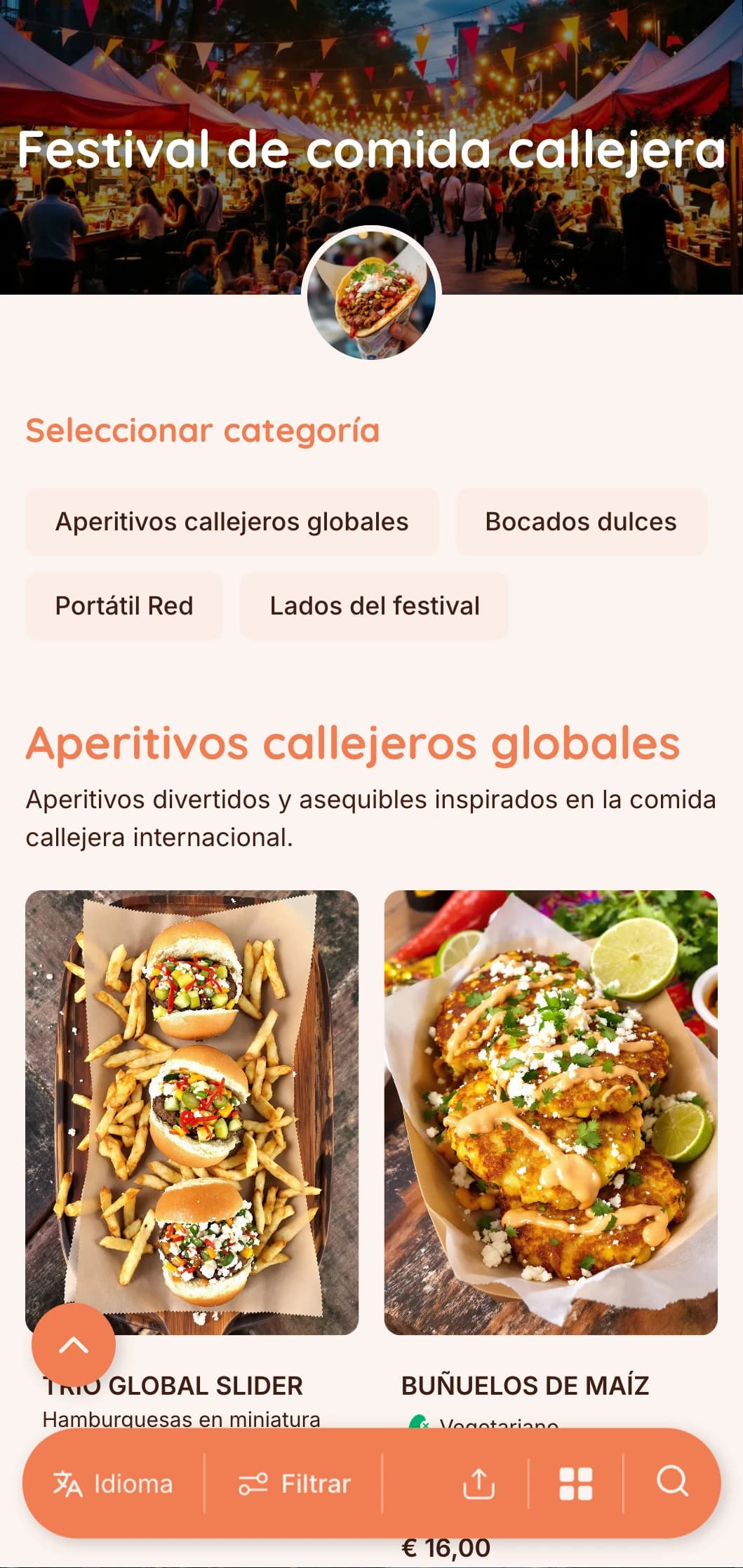 Catering divertido y accesible con platos callejeros de todo el mundo en una presentación informal para festivales, eventos al aire libre y reuniones distendidas.