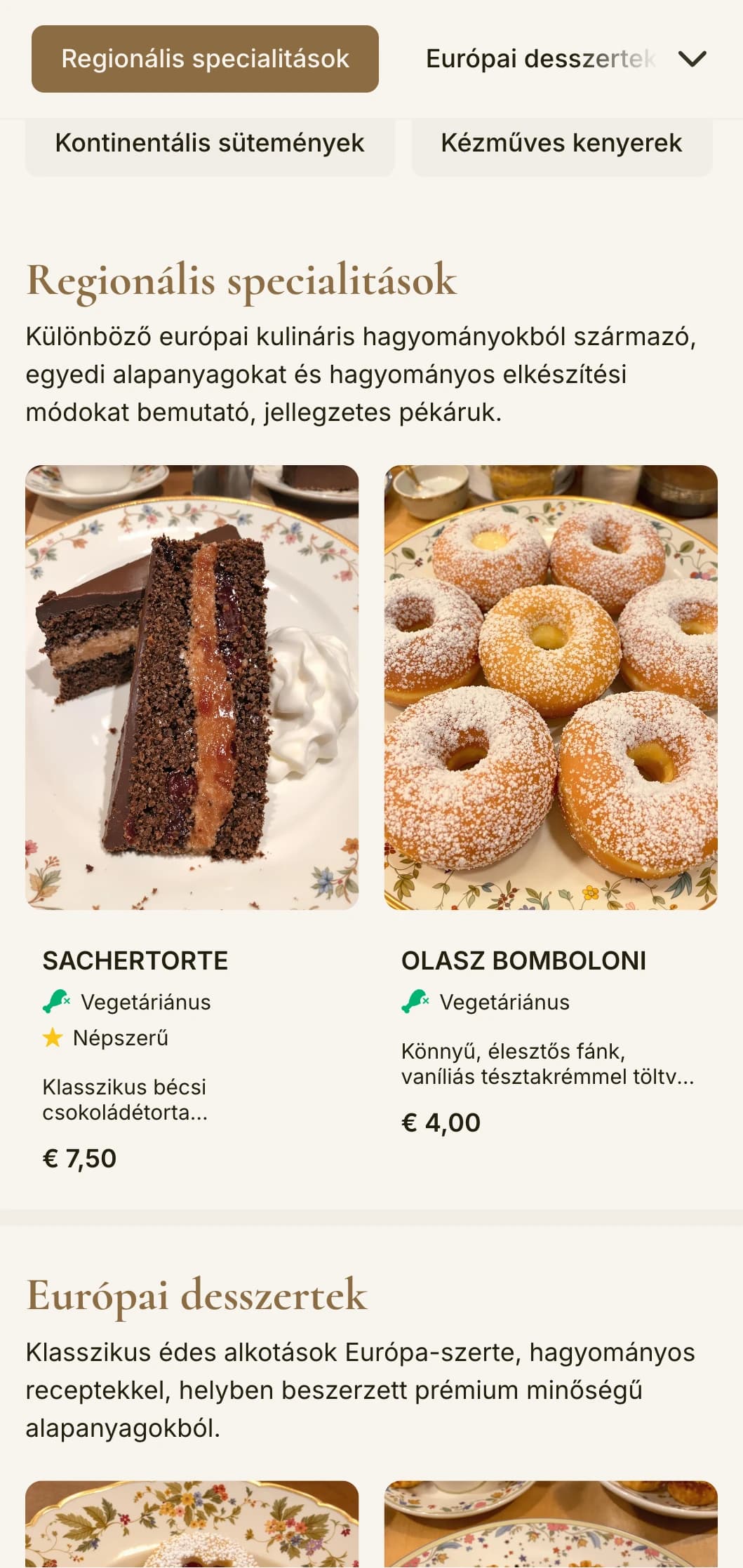 Kifinomult, kontinentális pékségi menüterv meleg barna tónusokkal és elegáns tipográfiával, tökéletes európai stílusú pékségek és cukrászdák számára.