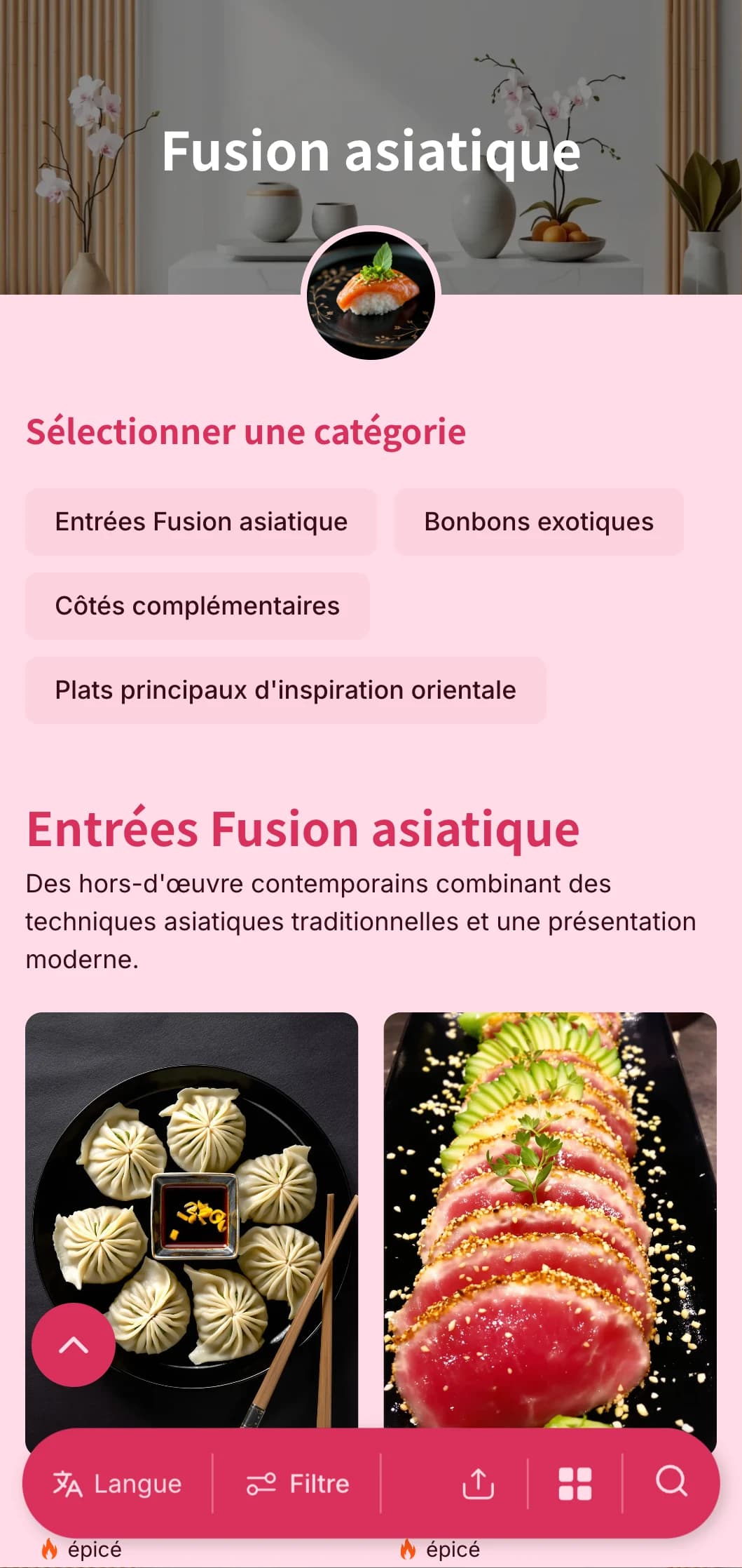 Traiteur contemporain d'inspiration asiatique combinant des techniques traditionnelles et une présentation moderne pour des événements branchés et des rassemblements internationaux.