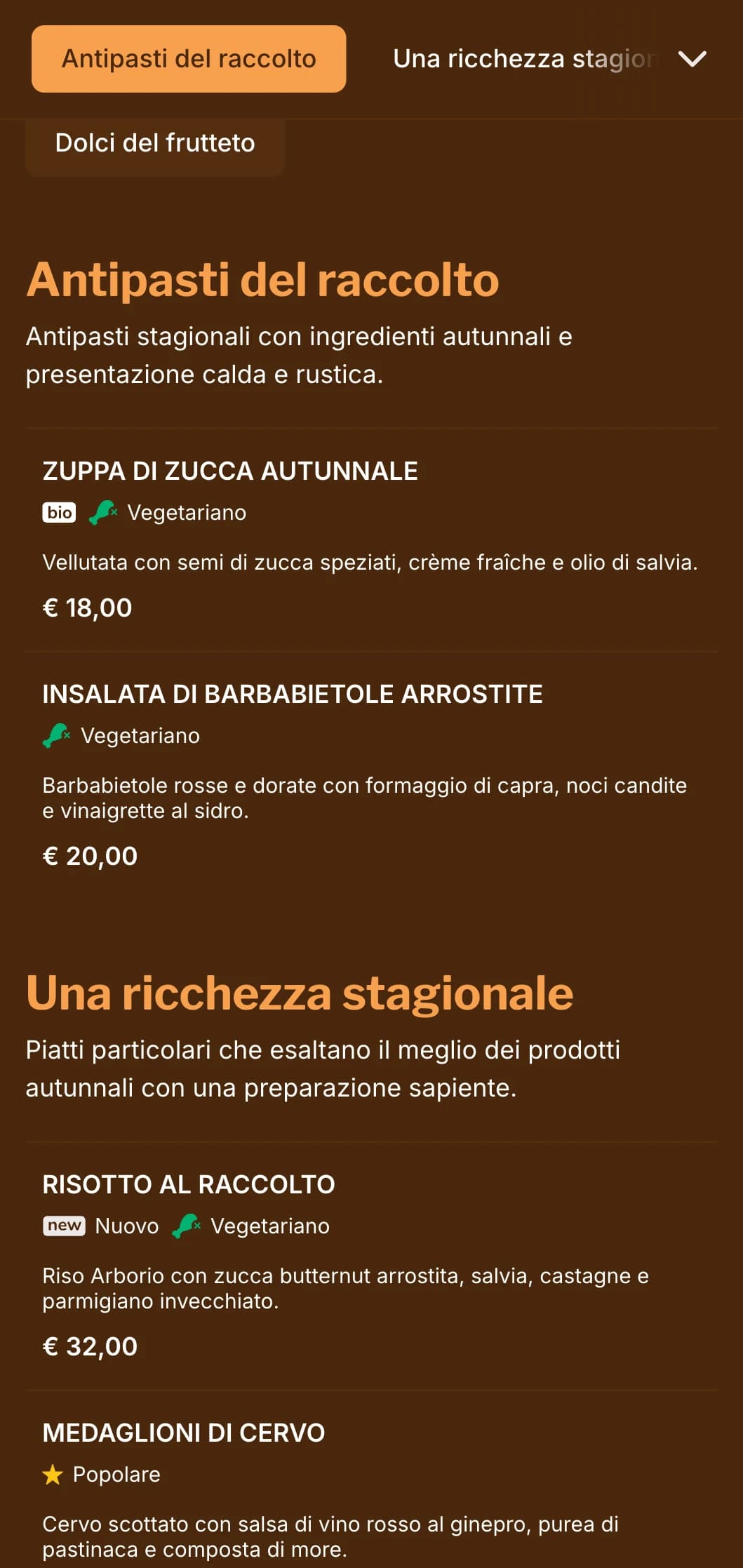 Un menu caldo, di ispirazione autunnale, caratterizzato da ricche tonalità ambrate, ideale per la cucina stagionale e per i ristoranti incentrati sul raccolto.
