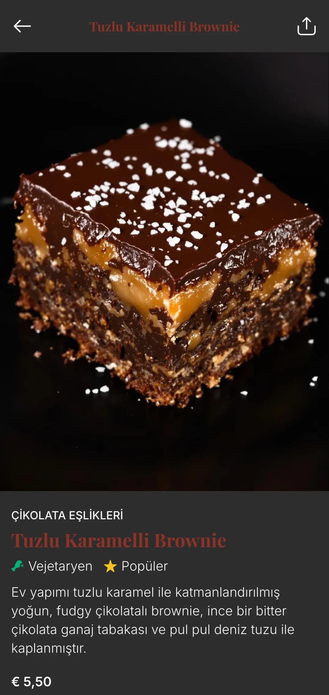 Çikolata odaklı fırınlar ve tatlı dükkanları için ideal olan, koyu çikolata tonları ve lüks tipografi içeren zengin, hoşgörülü bir fırın menüsü tasarımı.