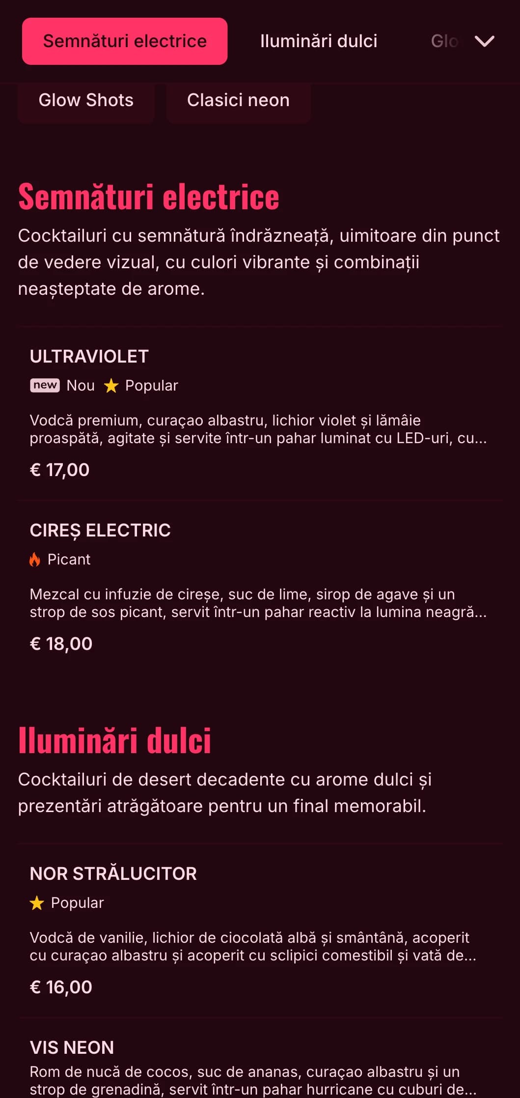 Un design de meniu îndrăzneț, vibrant, inspirat de viața de noapte cu neon, perfect pentru barurile de cocktailuri contemporane și cluburile de noapte.