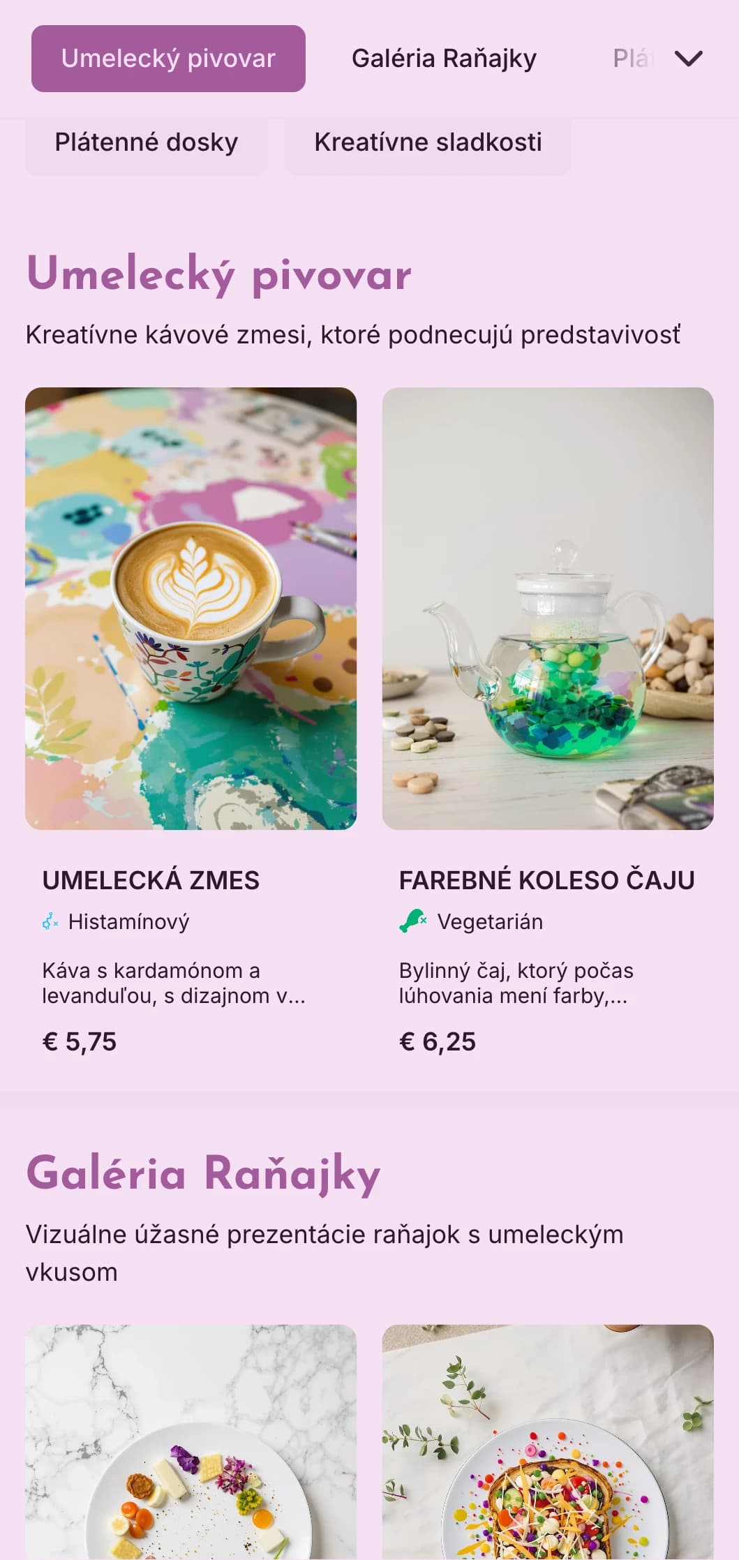 Kreatívny fialový dizajn s umeleckými prvkami pre galerijné kaviarne a kreatívne priestory.