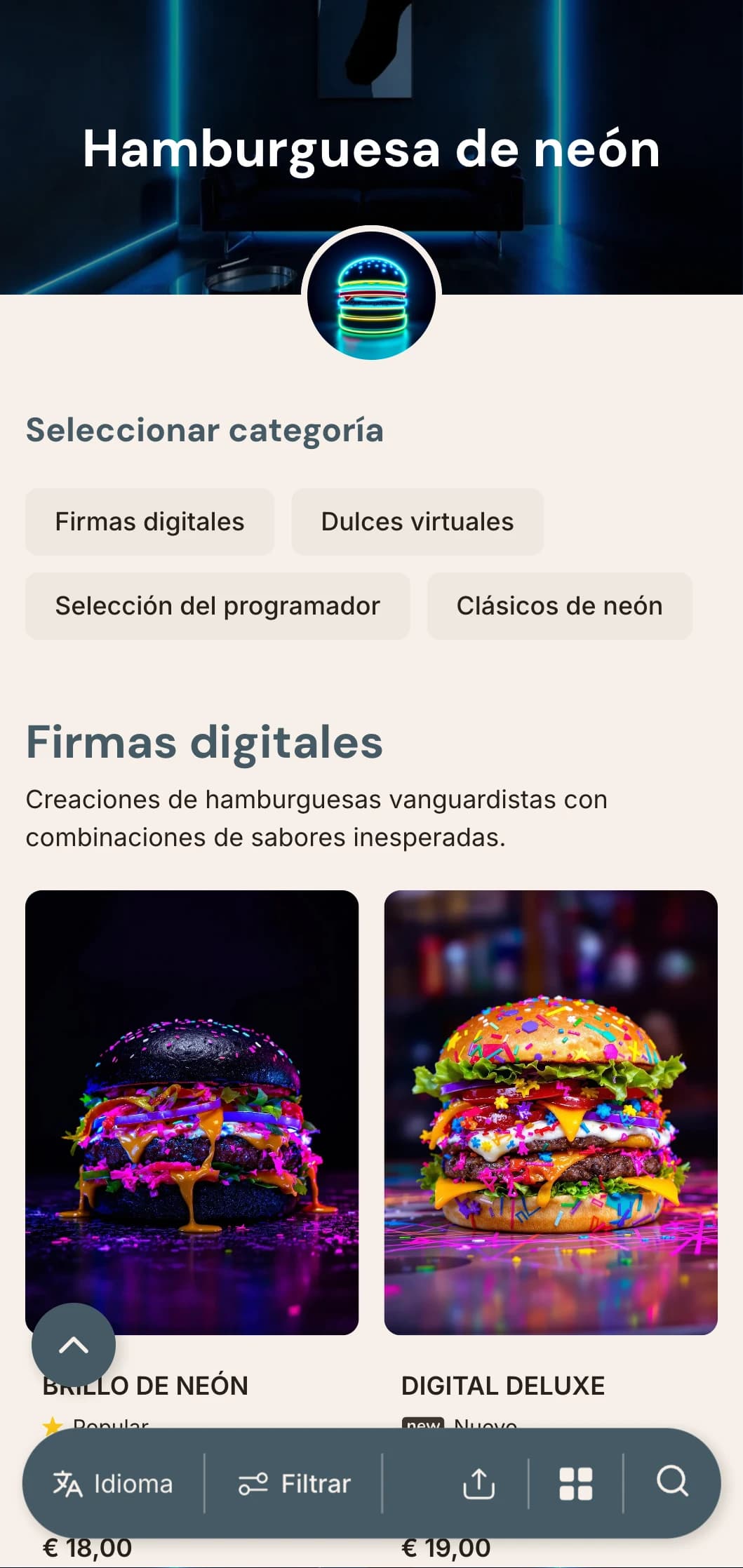 Vibrante hamburguesería de inspiración nocturna con detalles de neón y ambiente urbano contemporáneo.