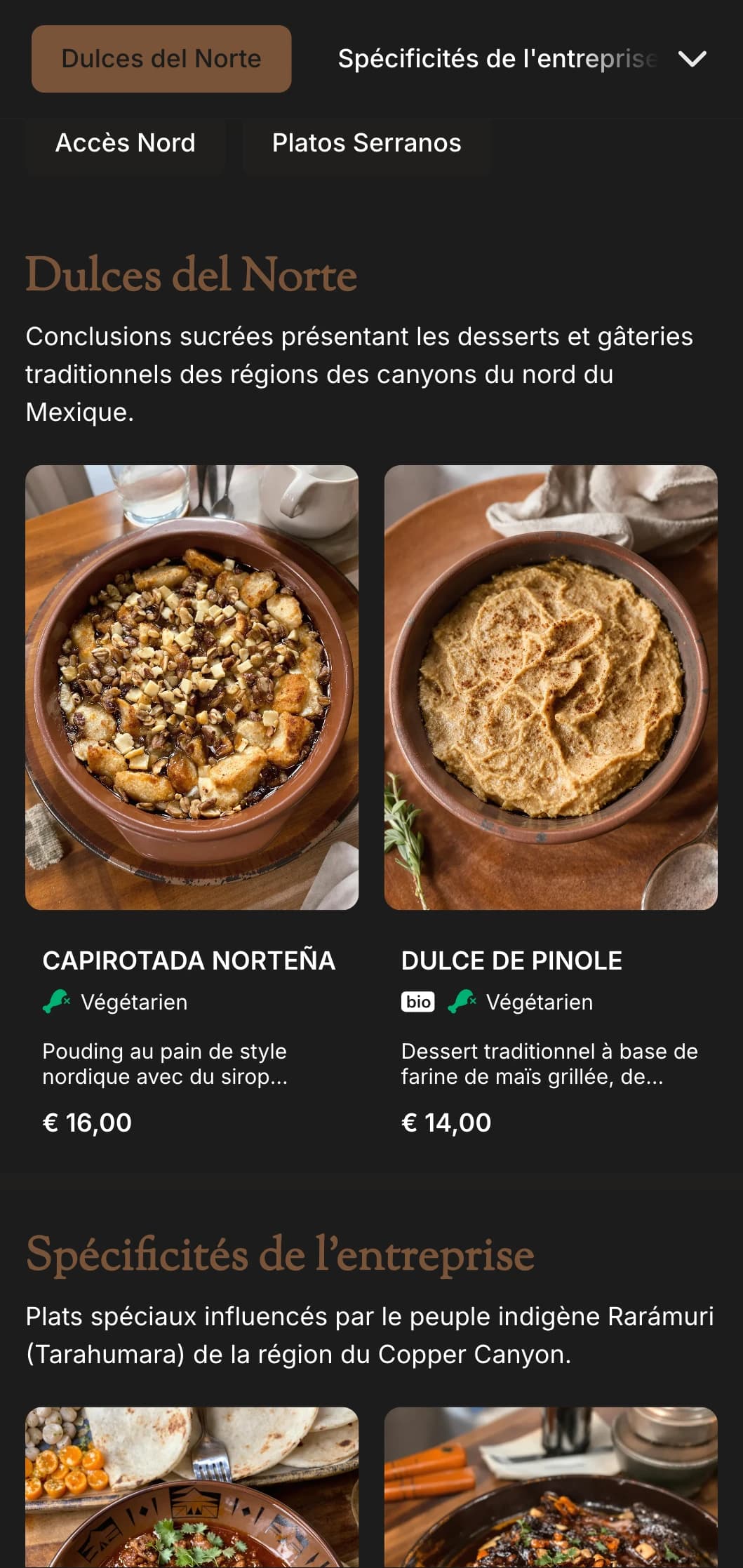 Menu rustique et aventureux inspiré de Chihuahua, avec des tons cuivrés chauds, des plats nordiques copieux et une cuisine régionale originale.