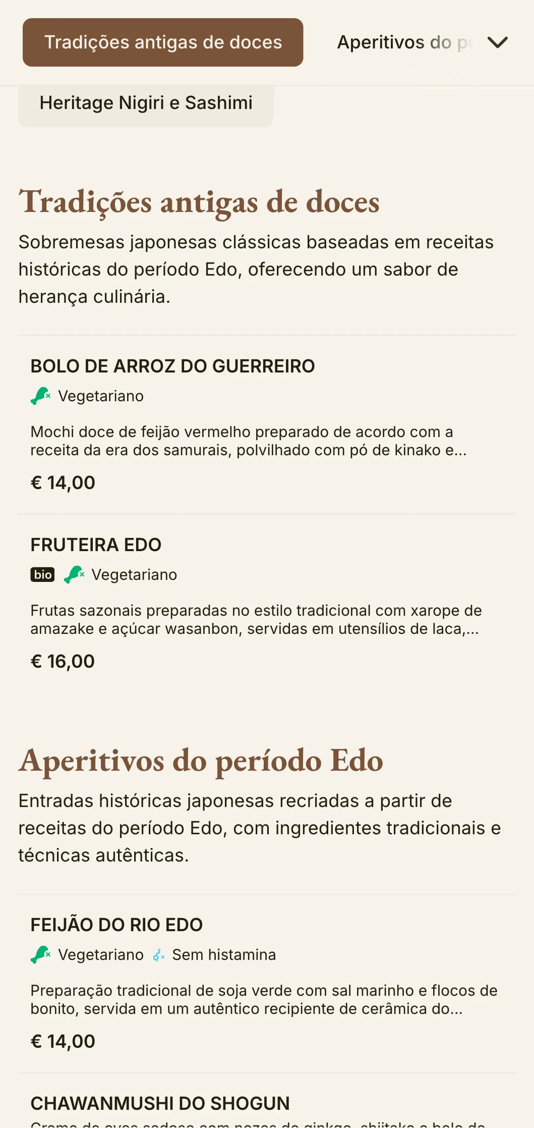 Cardápio de sushi histórico de inspiração japonesa, com estética tradicional do período Edo e tipografia clássica.