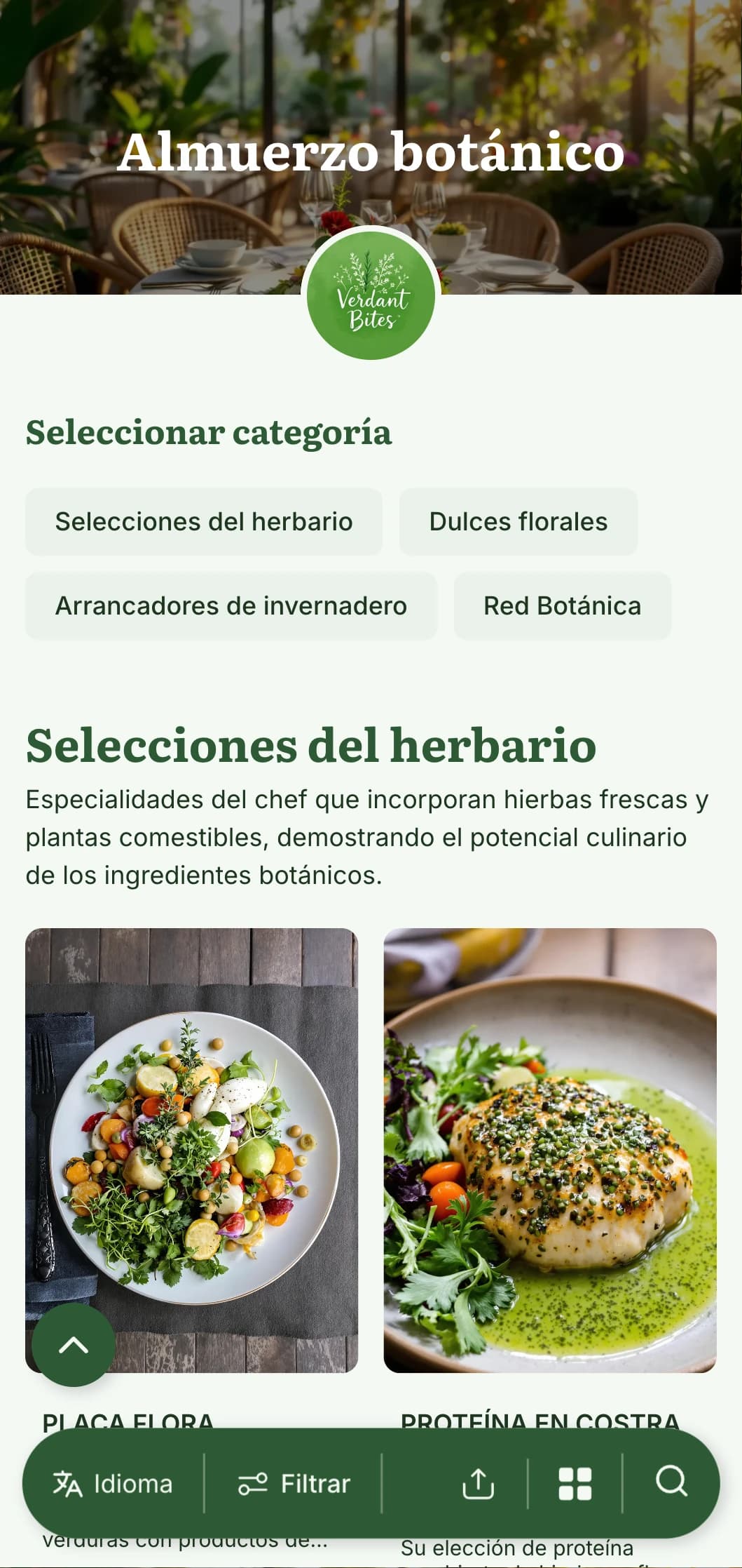 Exuberante diseño de menú de almuerzo inspirado en plantas, con ilustraciones botánicas y texturas naturales, perfecto para cafeterías con invernadero y restaurantes adyacentes a jardines.