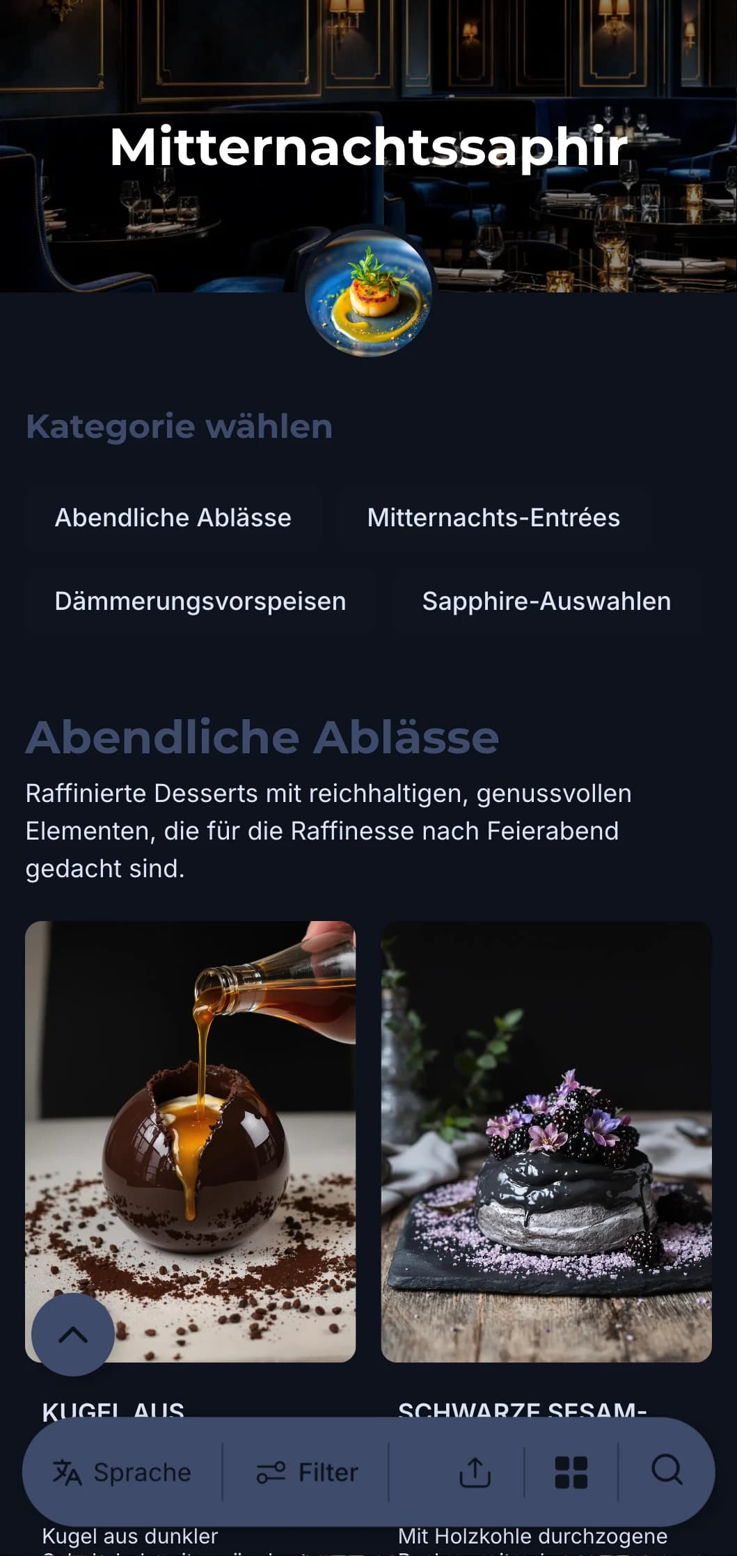 Ein raffiniertes Konzept für ein Abendessen nach Ladenschluss mit tiefblauen Farbtönen und subtilen Luxuselementen für ein unvergessliches kulinarisches Erlebnis.