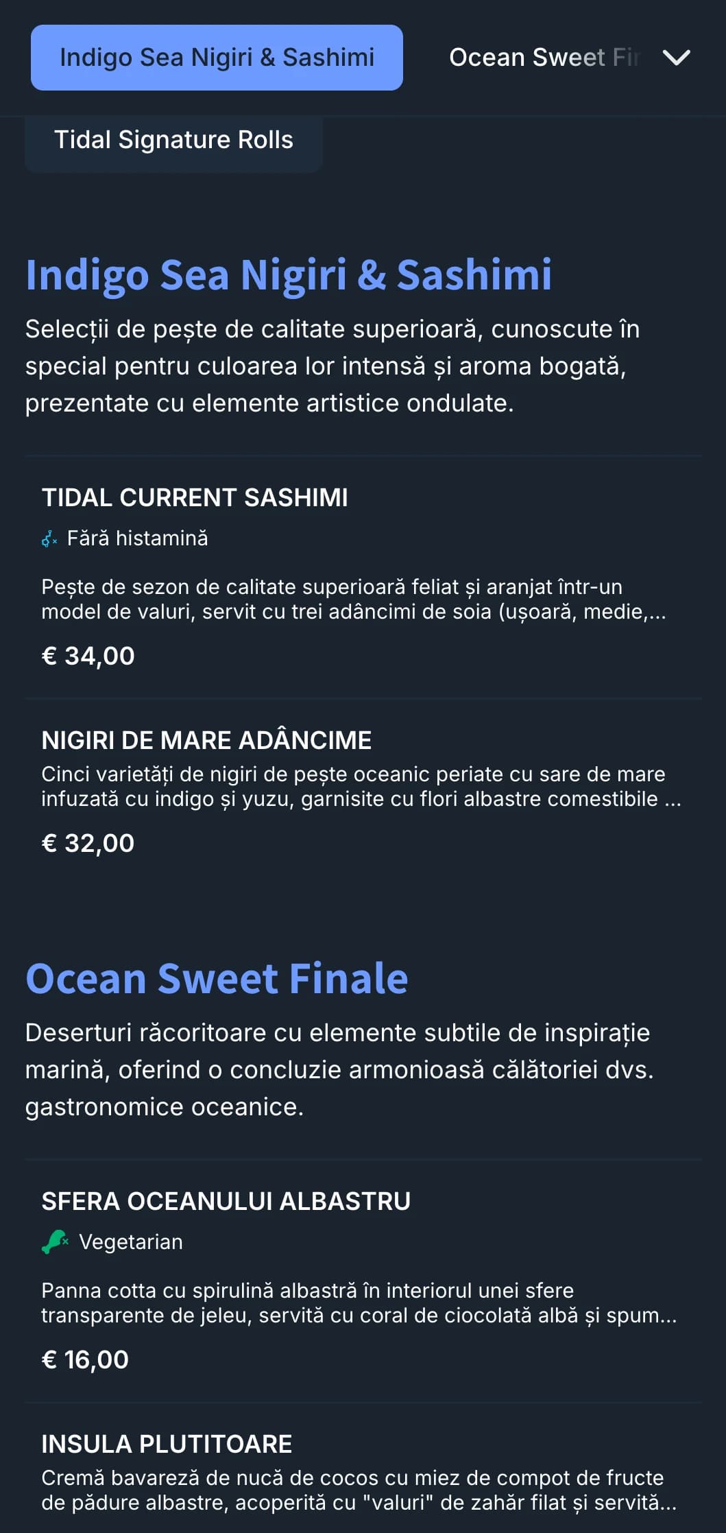 Meniu sushi inspirat din ocean, cu valuri indigo adânci și design contemporan pentru restaurante axate pe fructe de mare.