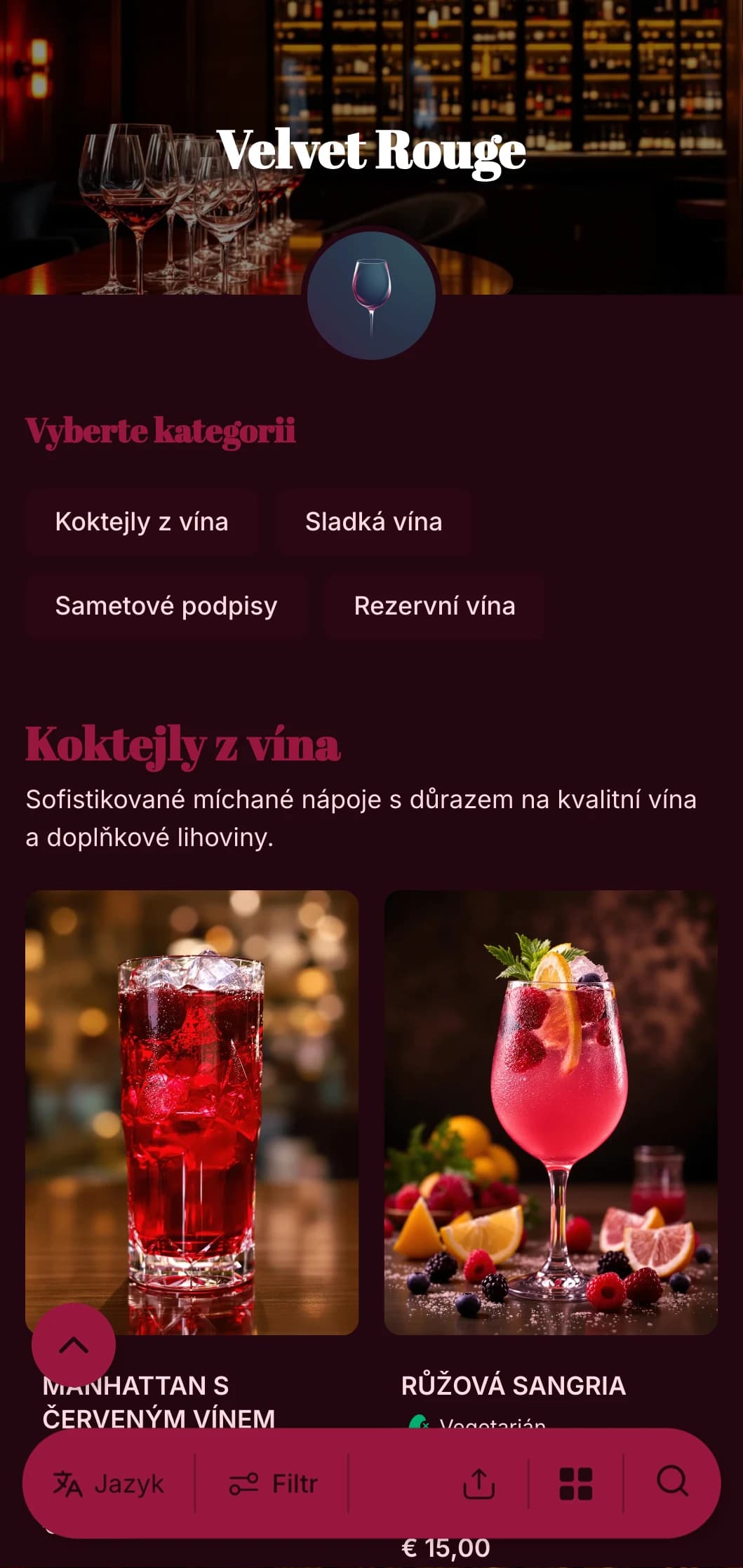 Luxusní, dramatický design pro luxusní vinárny a salonky se sytě červenými tóny a výraznou typografií.