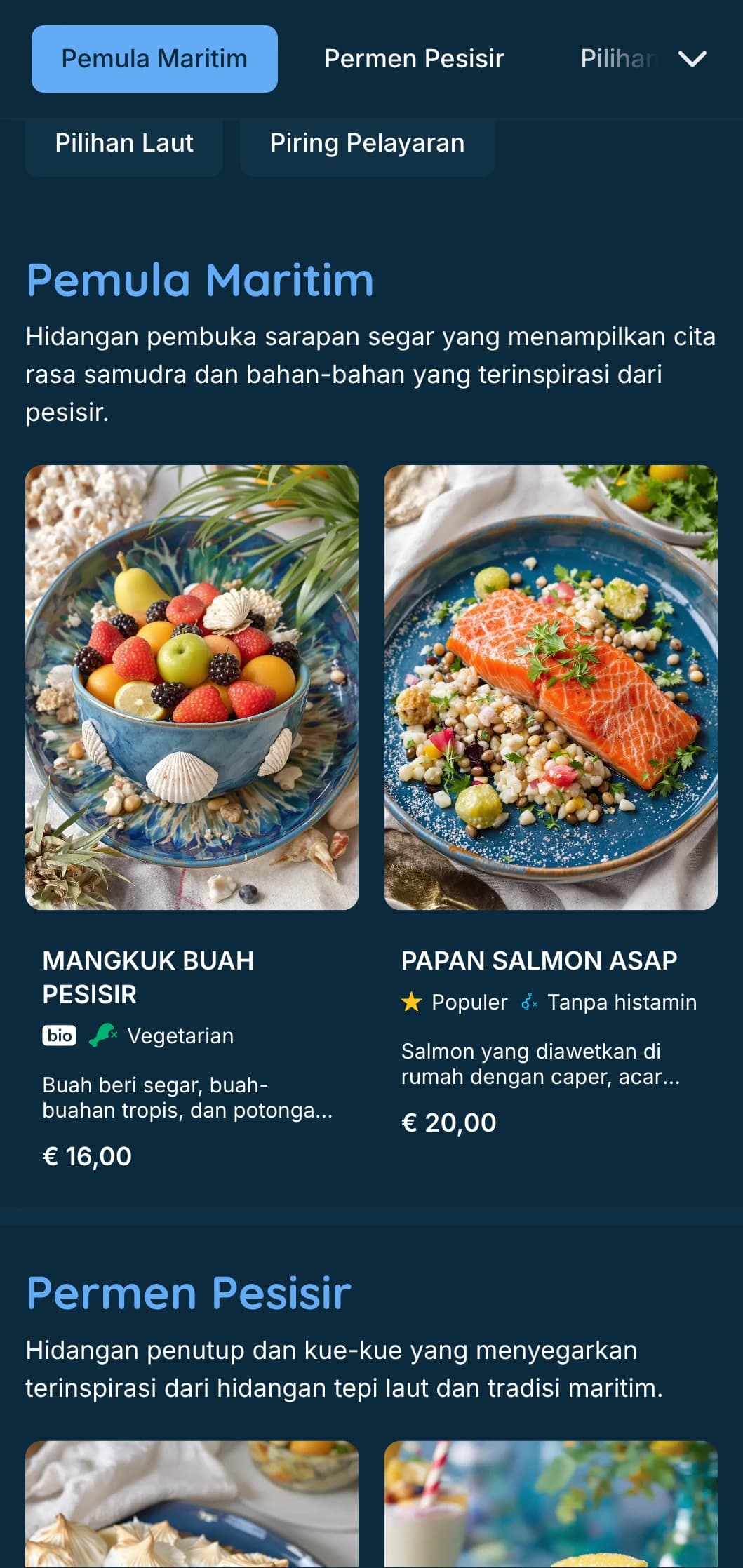 Templat brunch maritim yang segar dengan warna biru tua, ideal untuk brunch hidangan laut dan tempat makan di tepi pantai.