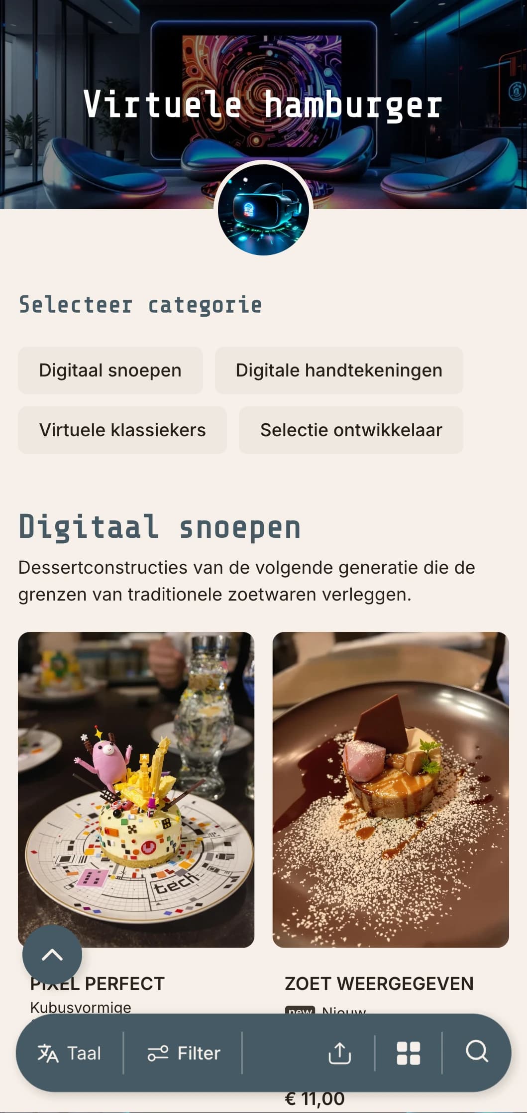 Op het digitale rijk geïnspireerd hamburgerconcept dat technologie en virtuele ervaringen viert.