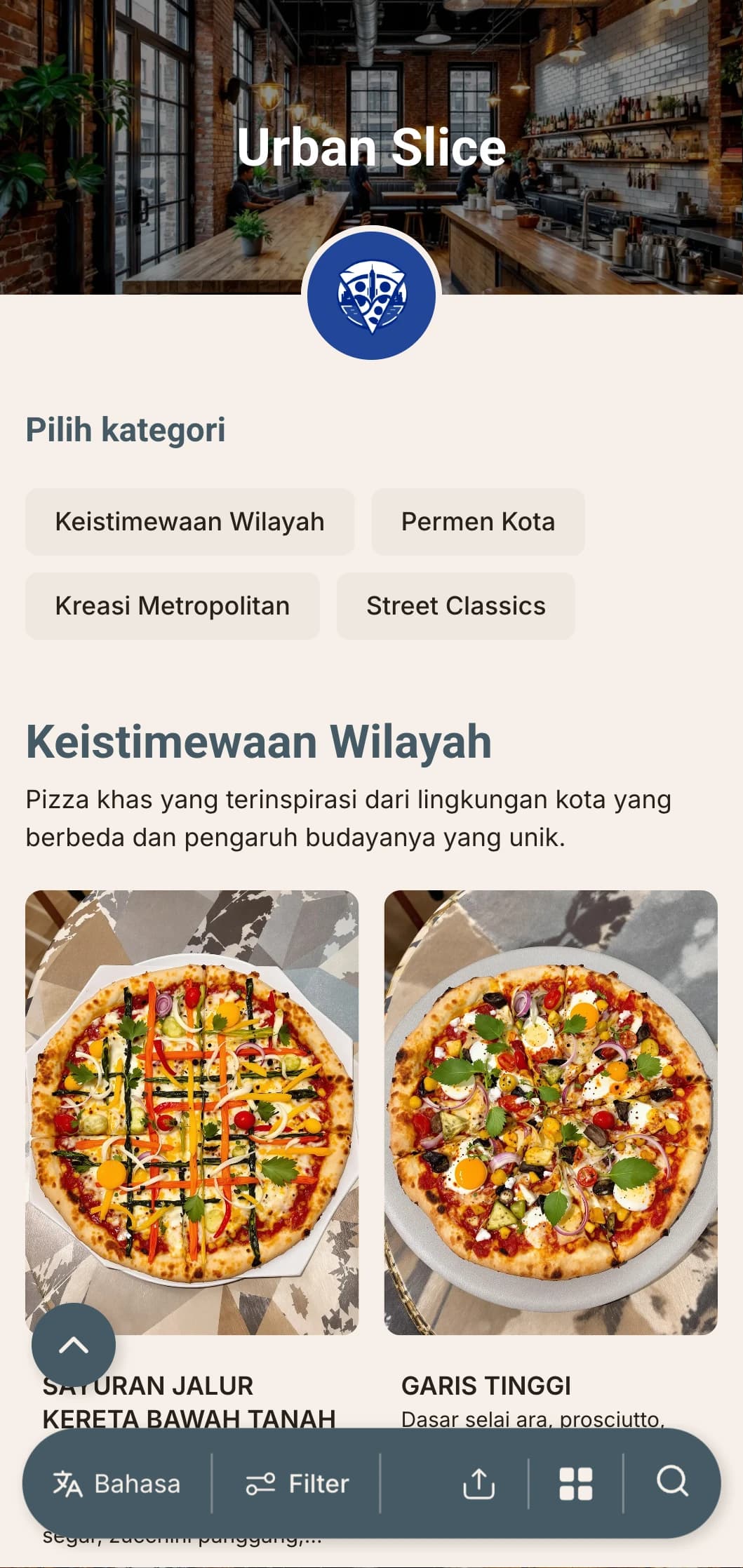 Menu pizza kontemporer perkotaan dengan elemen desain industrial, cocok untuk restoran pizza di pusat kota.