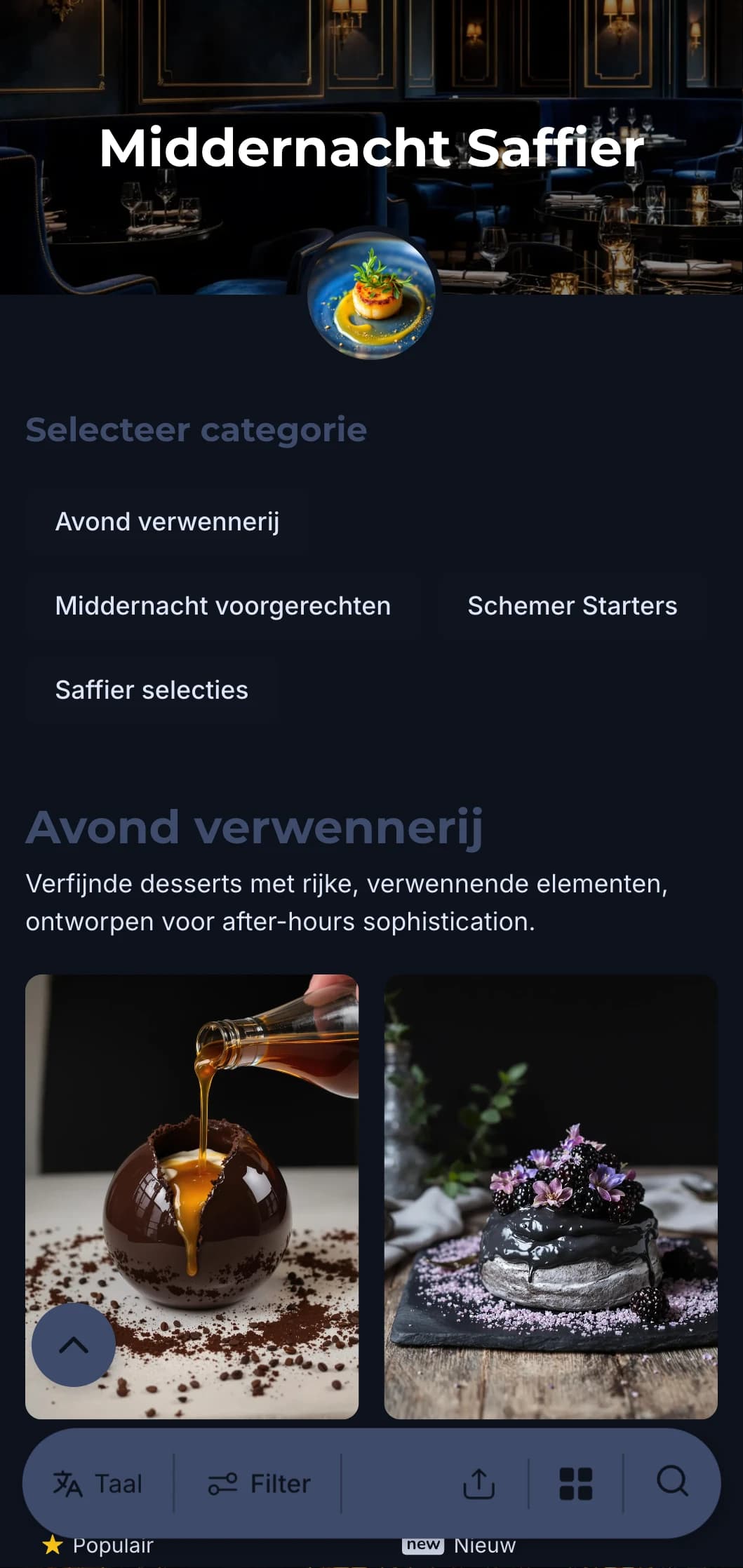 Geraffineerd after-hours dinerconcept met diepblauwe tinten en subtiele luxe-elementen voor een meeslepende culinaire ervaring.