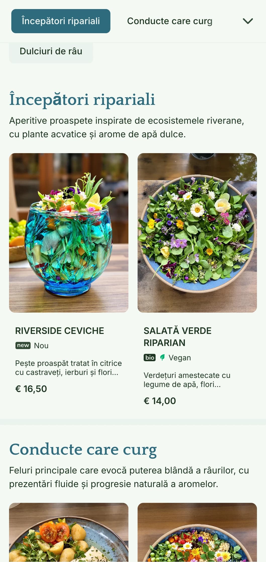 Design de meniu de prânz liniștit, inspirat de apă, cu elemente fluide și tonuri reci, perfect pentru restaurante cu vedere la râu sau locații adiacente apei.