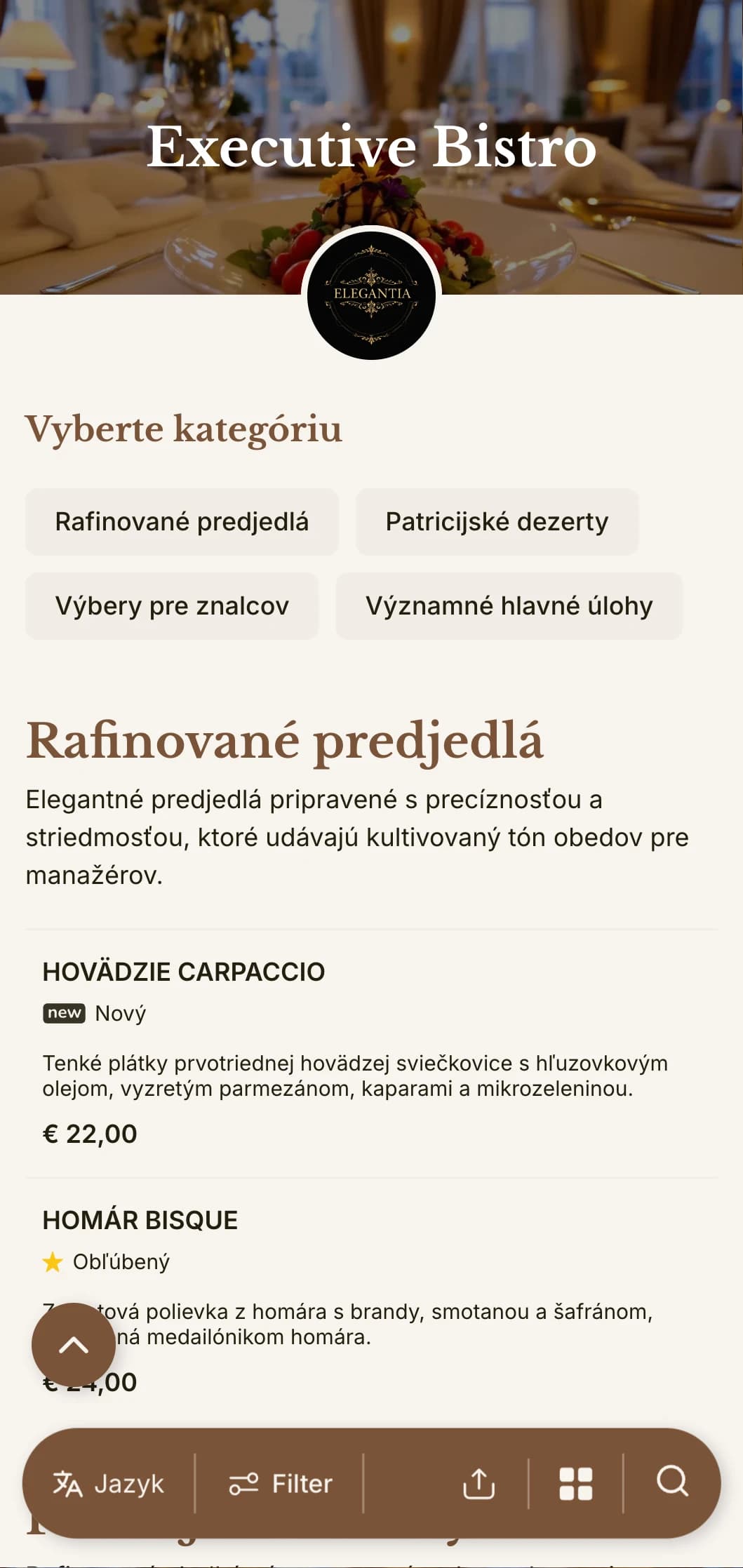 Sofistikovaný dizajn obedového menu s rafinovanou typografiou a elegantným rozmiestnením, prispôsobený pre luxusné hotelové reštaurácie a jedálne pre biznismenov.